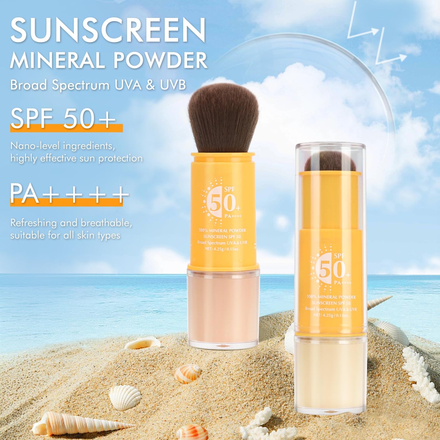 1PCS Mineral Sunscreen Setting Powder – SPF 50 Brush On Powder Sunscreen for Face, Scalp & Hair, Lightweight Breathable Lasting Oil Control, Matte Finish Loose for All Skin Types（01# Translucent）