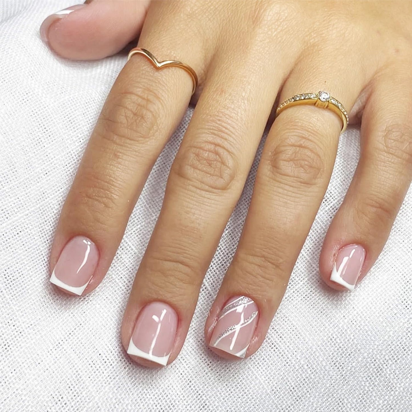 Short Almond Press-On Nails - 3D Gold Carved Ripple Design | Glossy Full Cover Acrylic Nails - 24 Pcs Nude Pink Manicure Set