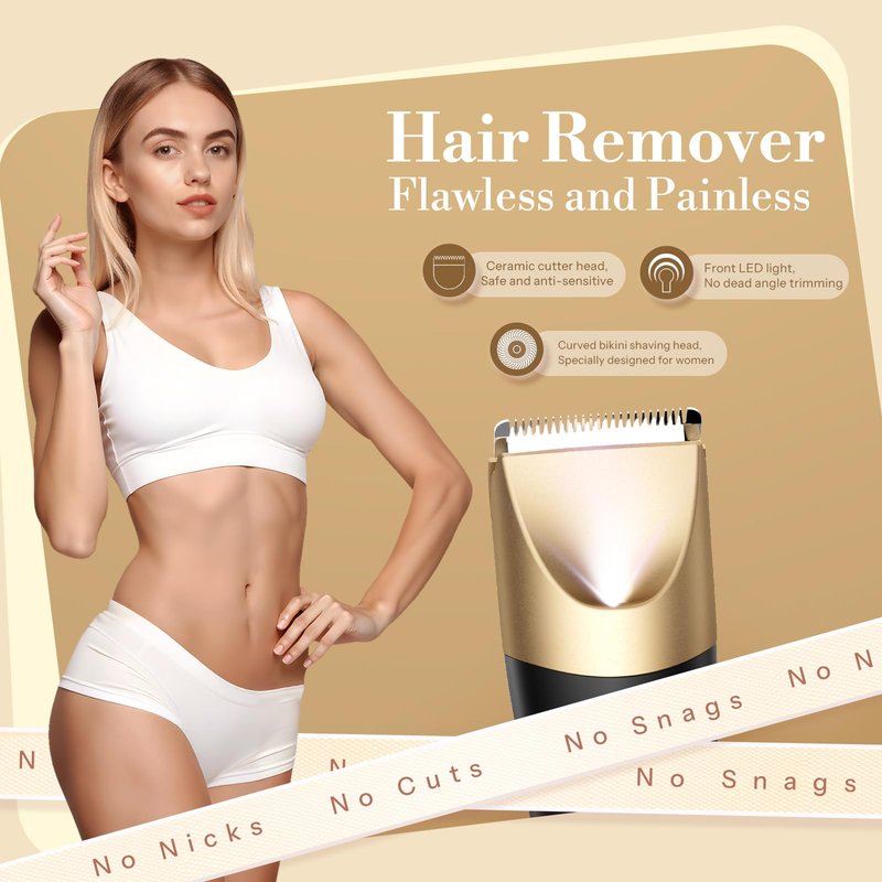 Bikini Trimmer for Women, Flyant 2 in 1 Electric Shaver for Women, Pubic Hair Trimmer Waterproof IPX7 with LED, Bikini Razor for Leg Arm Underarm Bikini Area - Black Gold