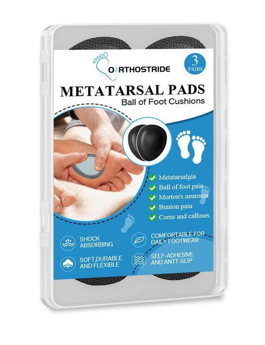Orthostride Metatarsal Pads for Men, Ball of Foot Cushions for Pain Relief, Comfortable Forefoot Support for Metatarsalgia and Morton's Neuroma, 1/3 Inch Thick Self-Adhesive Foot Pads, 3 Pairs L