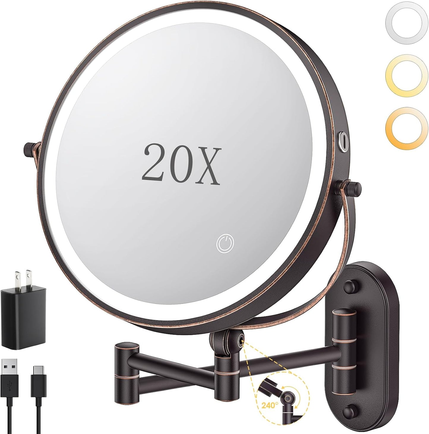 Wall Mounted Lighted Makeup Mirror - 9-Inch Rechargeable Double-Sided 1X/20X Magnification | Touch Dimmable, 360° Rotation, 3 Color Lights