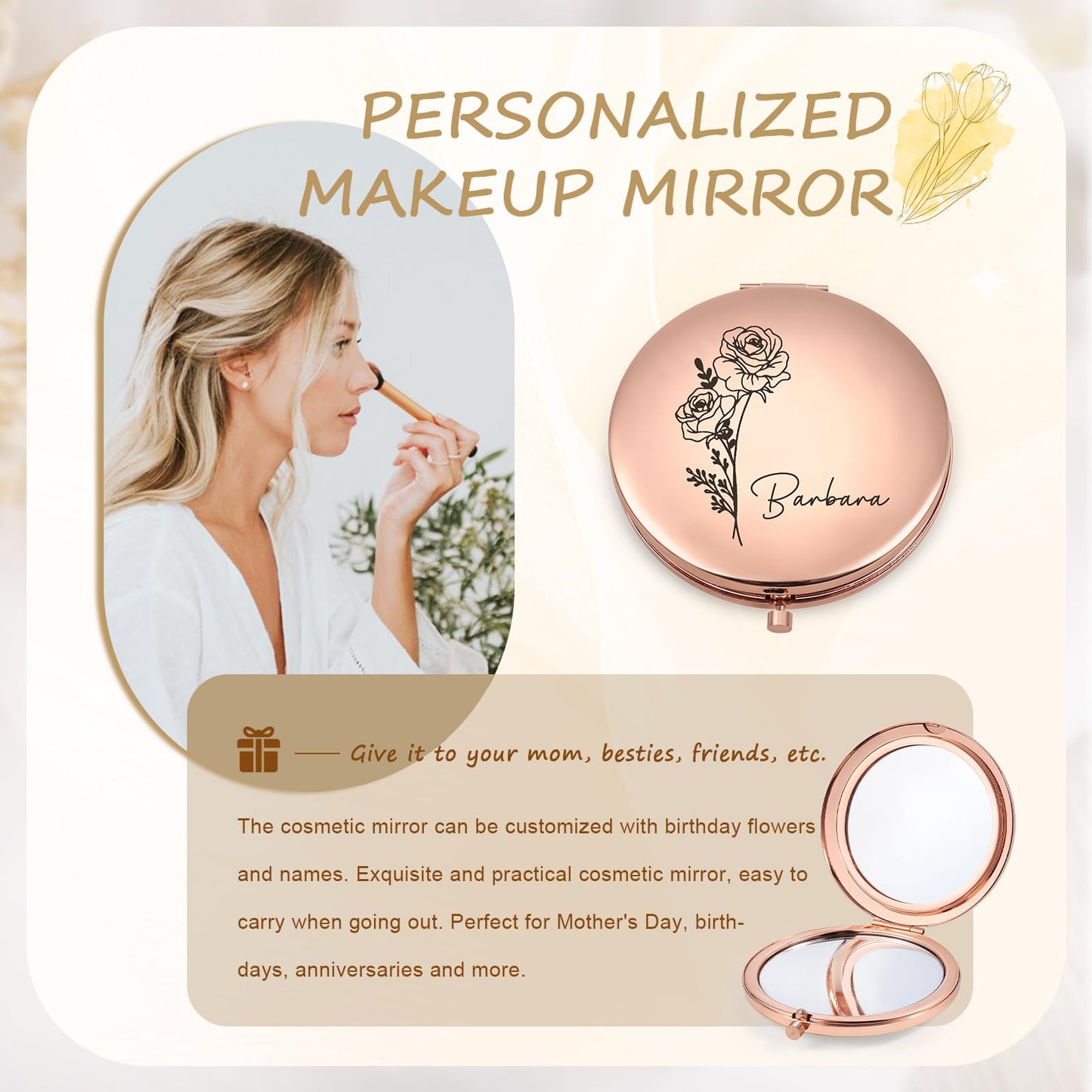 Ahgmeside Personalized Compact Mirror for Women - Pocket Mirror for Women,Custom Birthflower Travel Makeup Mirror for Wife, Mom, Bridesmaid Gifts for Daughter Friend (Rose Gold)