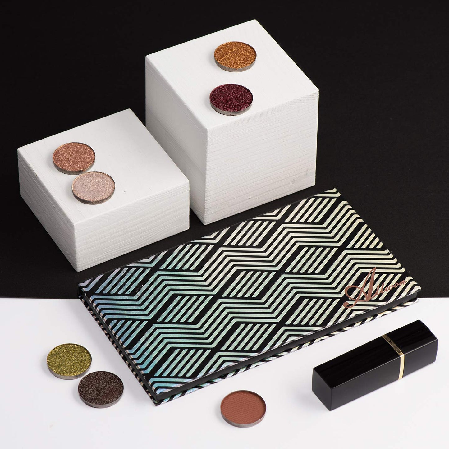 Magnetic Makeup Palette with Mirror - Black Empty Palette & 20 Adhesive Metal Stickers for Eyeshadow, Lipstick, Blush