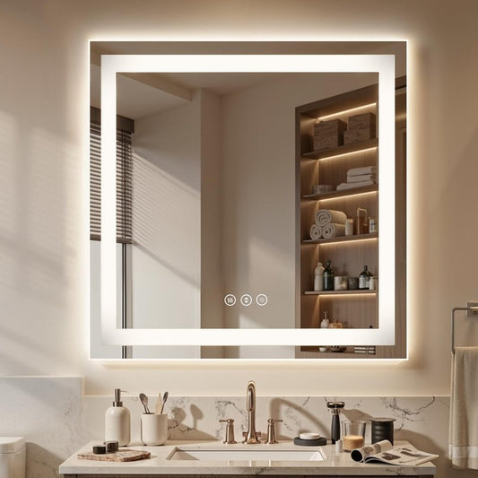 36X36 LED Bathroom Mirror with Lights, Anti-Fog, Dimmable - Lighted Bathroom Vanity Mirror with Front & Back Light, 3 Color Temperatures, Memory Function, Tempered Glass (Horizontal/Vertical)