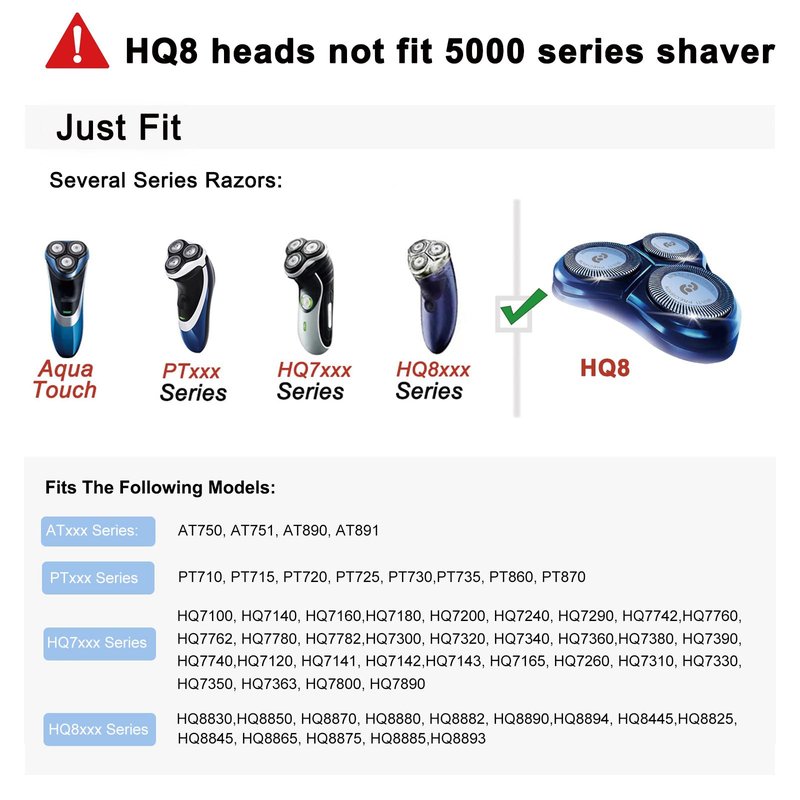 HQ8 Replacement Heads Compatible with Philips Norelco Aquatec Shaver, Blades for Philips HQ8 Heads, Compatible with Philips Shavers AT890,AT880,AT841,PT720 PT740,7180XL,8862XL