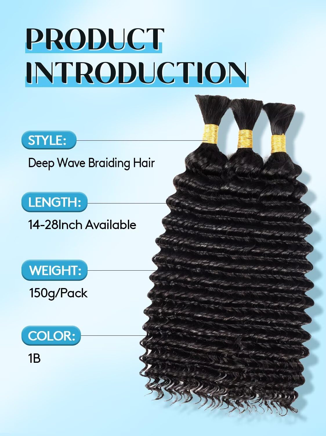 Boho Hair for Braiding - 16 Inch Curly Virgin Human Hair, 12A Knotless Deep Wave, 150g 3 Bundles | Natural Black