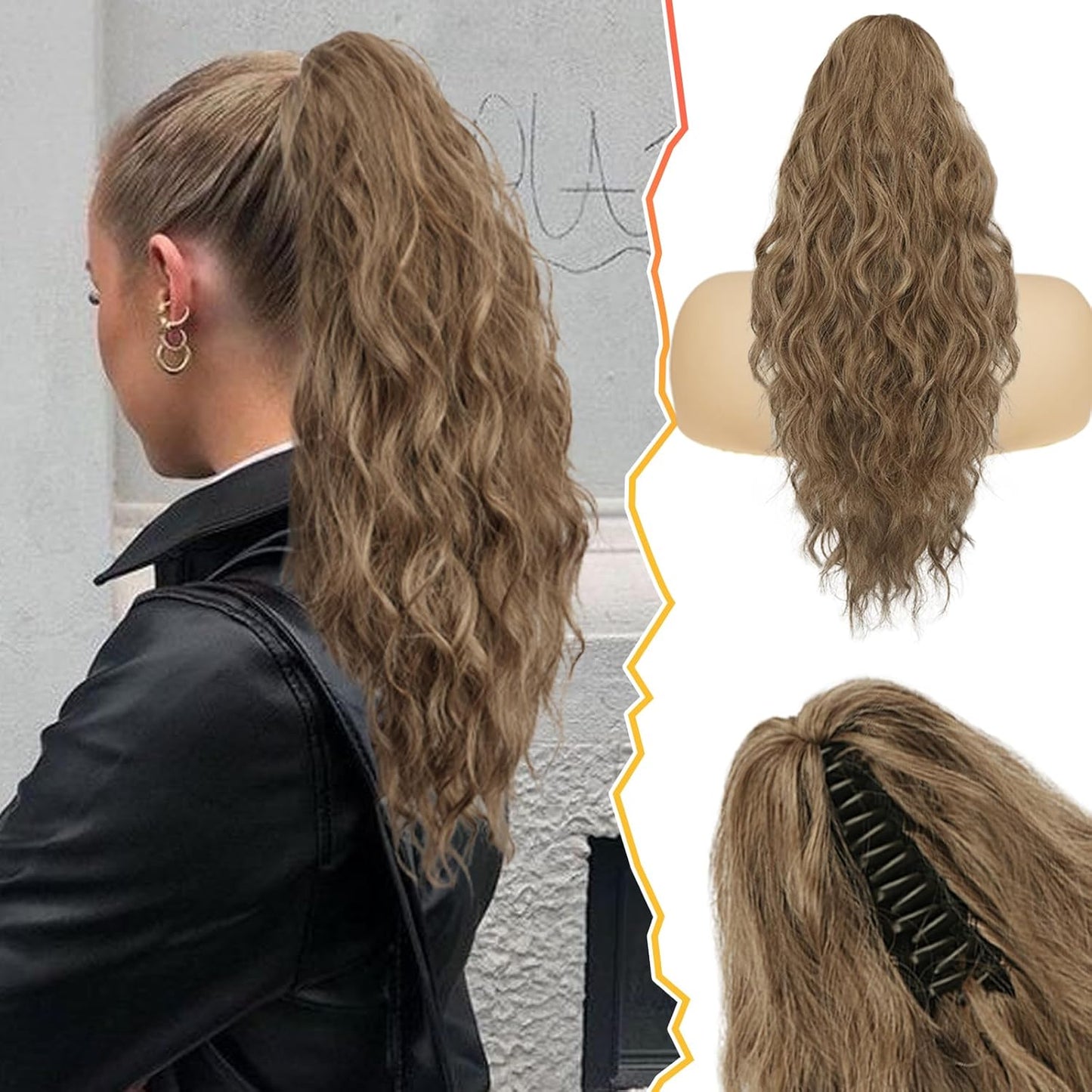 Ponytail Hair Extensions - 12 Inch Claw Clip Dark Brown Curly Wavy Ponytail for Women