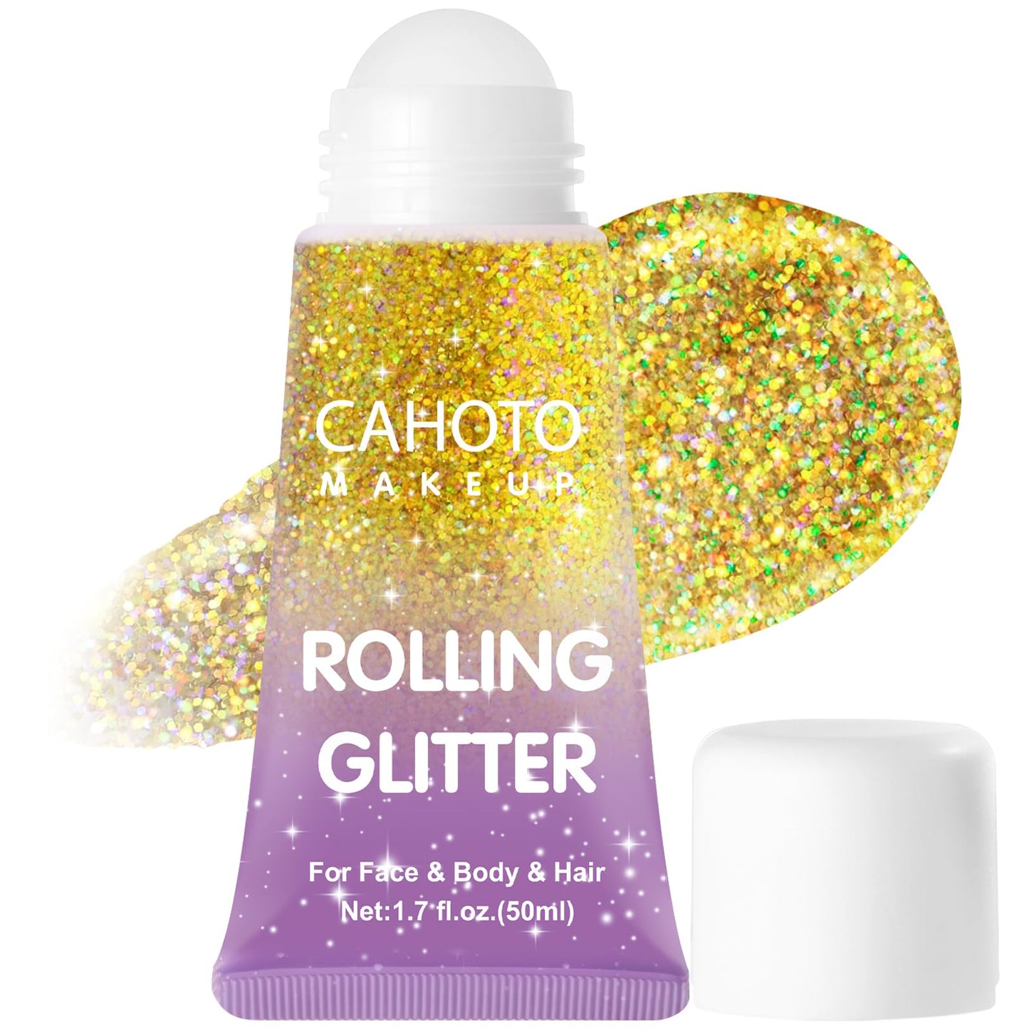 CAHOTO Gold Rolling Glitter, Shimmer Gel for Face Body & Hair, Sparkling Holographic Roll-on Sequins for Singer Concert Rave Festival Halloween Party Carnival, 1.7 fl.oz.