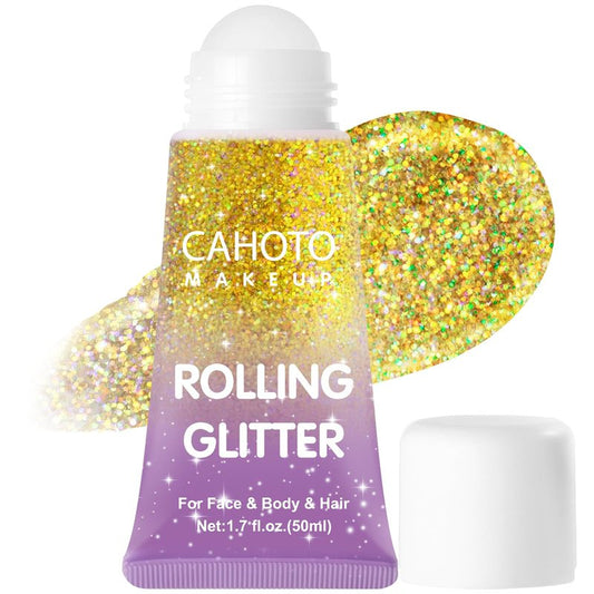 CAHOTO Gold Rolling Glitter, Shimmer Gel for Face Body & Hair, Sparkling Holographic Roll-on Sequins for Singer Concert Rave Festival Halloween Party Carnival, 1.7 fl.oz.