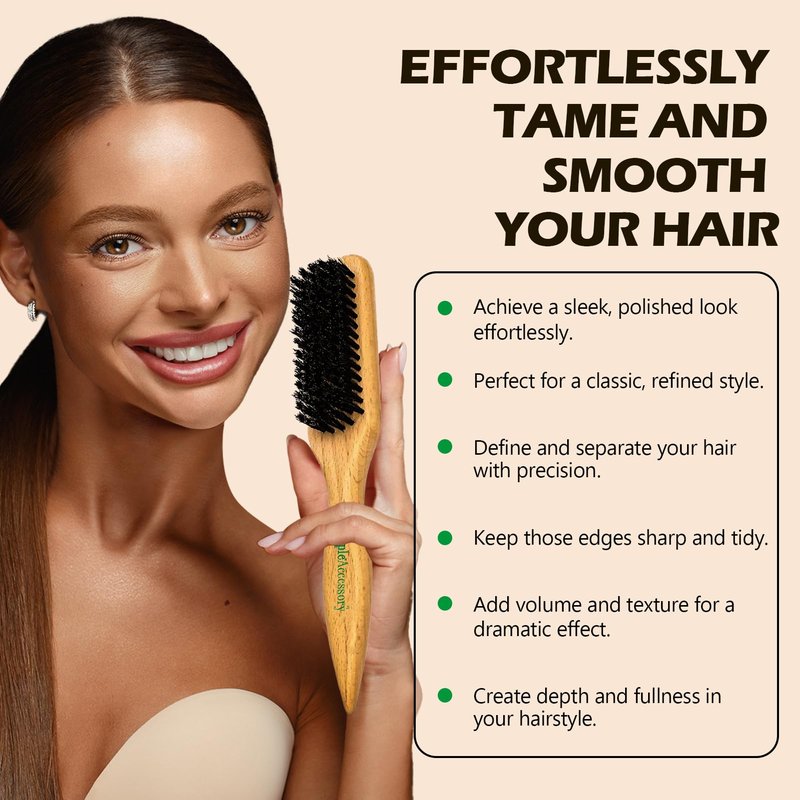 Boar Bristle Slick Back Hair Brush for Sleek Ponytail Bun & Smoothing Baby Hairs & Flyaways - Soft Boar Brush Hair Comb for Women & Men - Teasing Hairbrush with Wide Rat Tail for Sectioning & Parting
