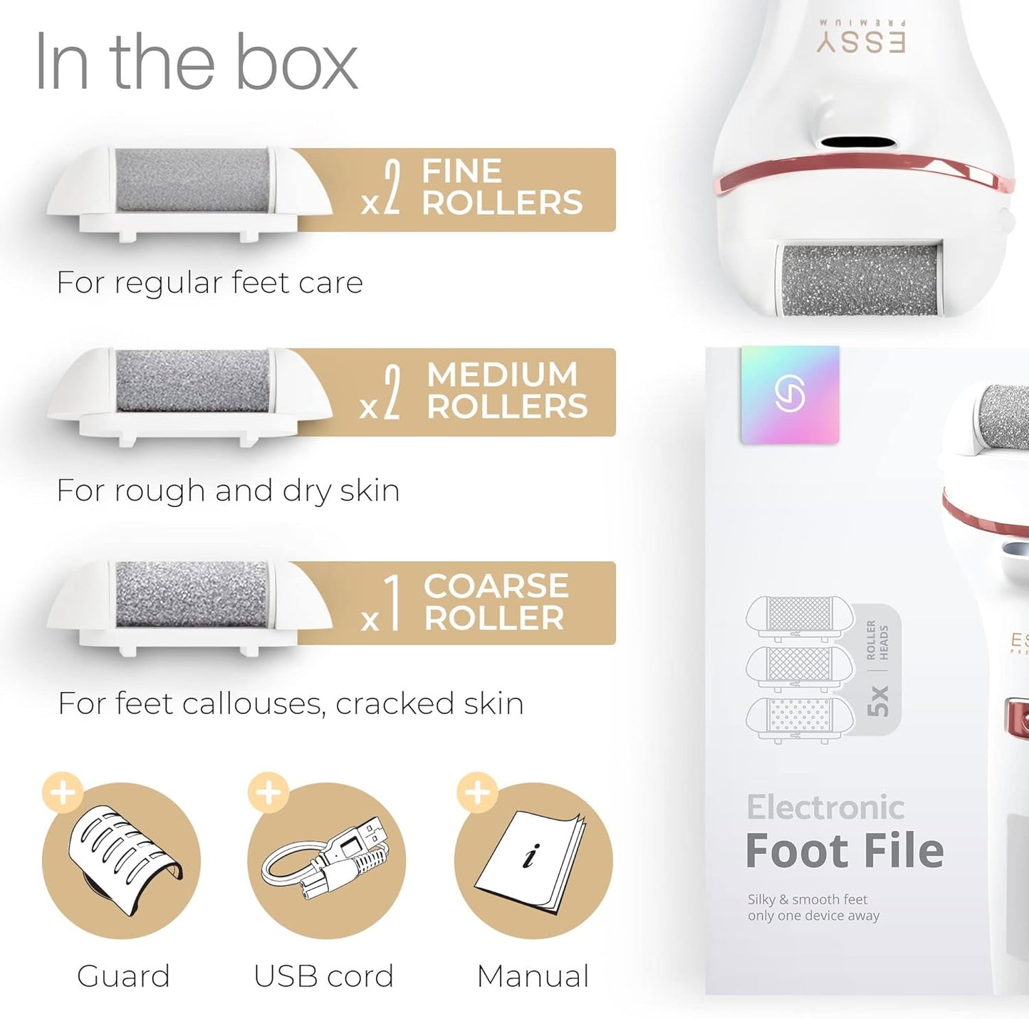 Rechargeable Electric Foot File - Waterproof Callus Remover with 5 Replacement Rollers | Cordless, 2 Speeds, LED Display, USB Charging (White)