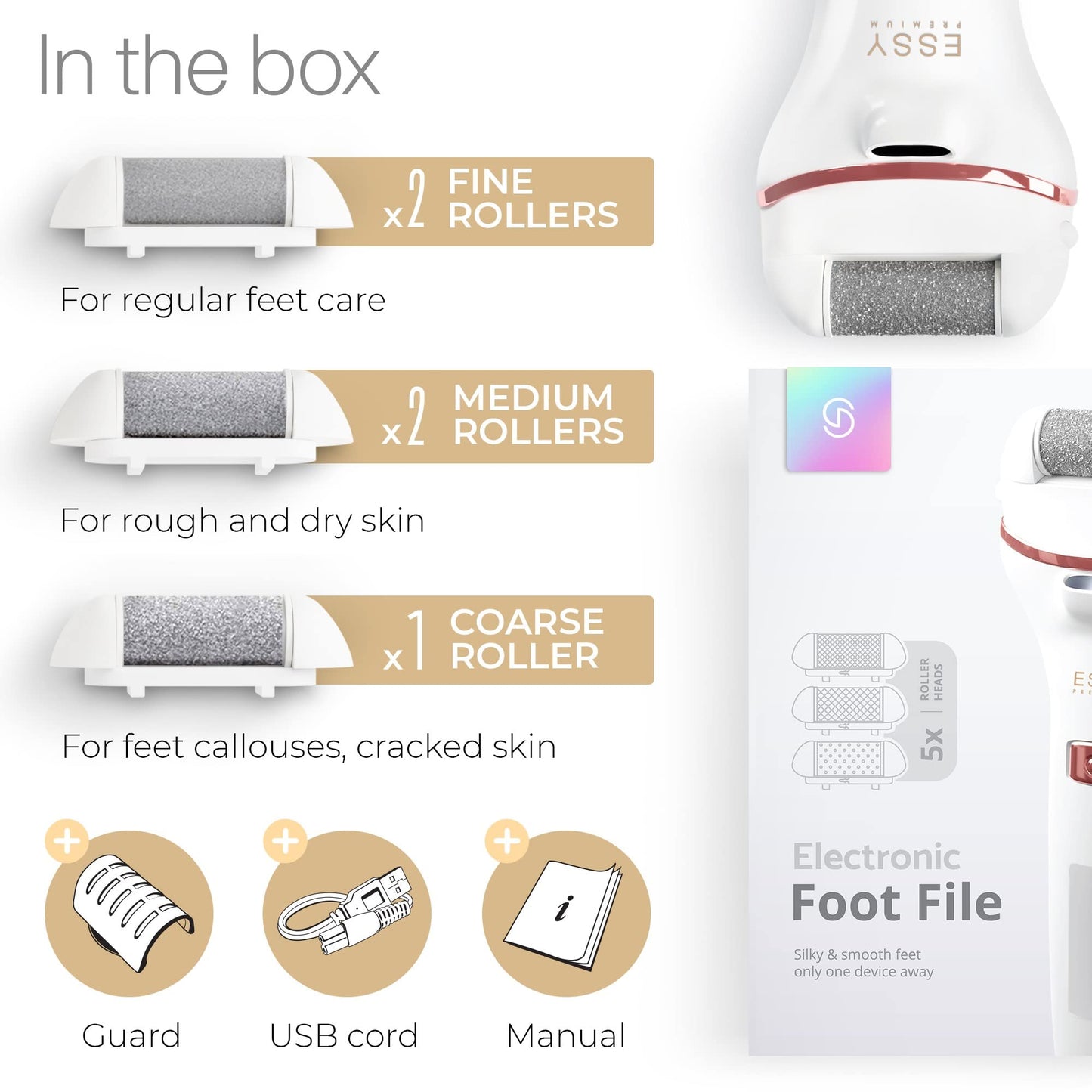 Essy Electric Foot File Rechargeable with 5 Replacement Rollers (White)