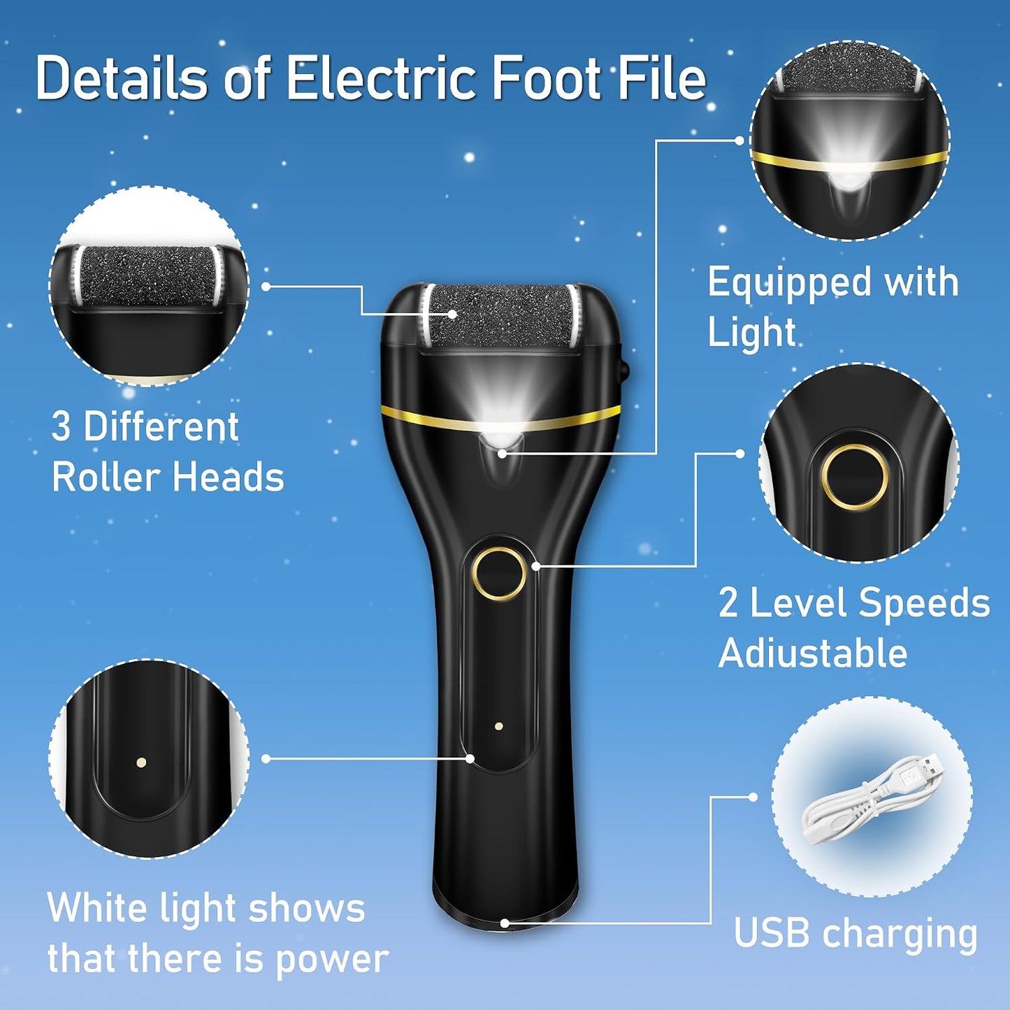 Electric Foot Callus Remover - Waterproof Rechargeable Pedicure Kit with 3 Rollers & 2 Speed Settings | Ideal for Hard, Cracked Skin