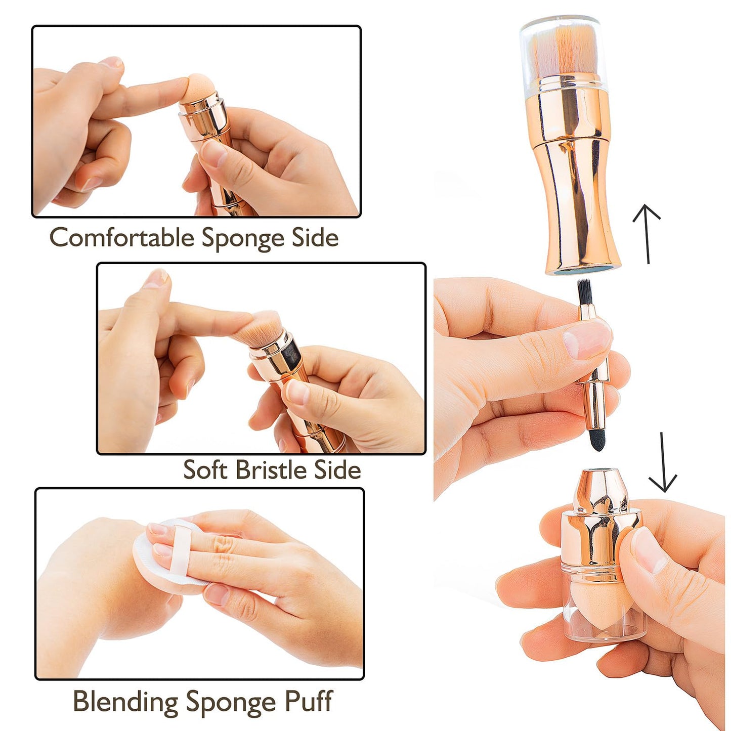 kullder 4-in-1 Makeup Brush Travel Makeup Brush set Dual Ended Mini Makeup Brush Pen Foundation Powder Concealer Shadow Blush Makeup Brushes with Sponge Puff Womens Gift Idea for Beauty Lover