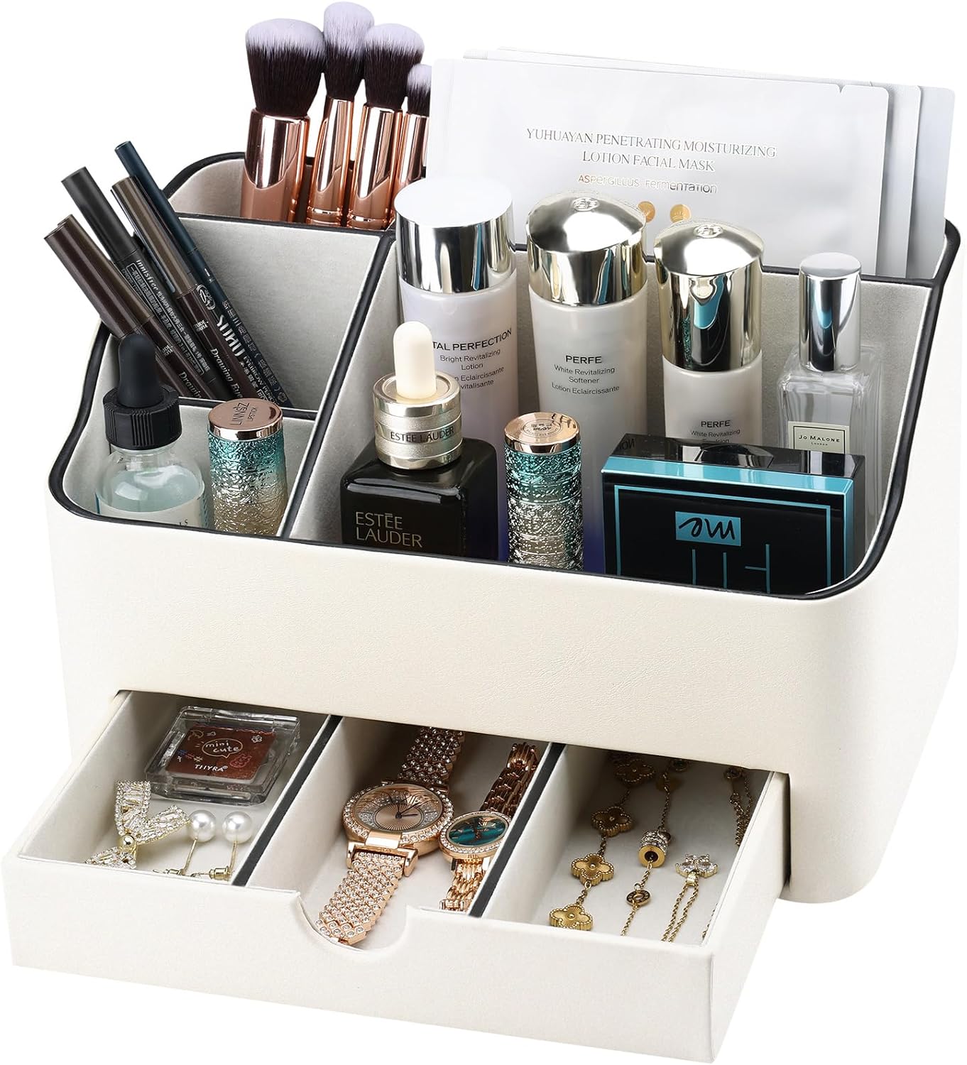 Leather Makeup Organizer - Stylish Cosmetic Storage with Drawer | Dresser & Vanity Organizer for Lipstick, Brushes & Skincare (Black)