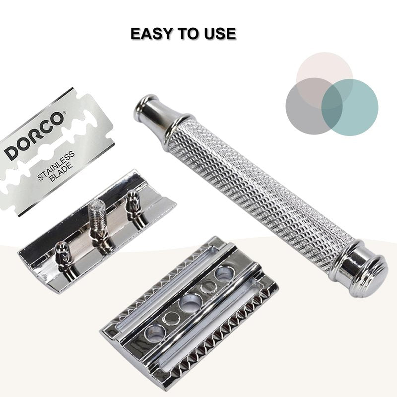 Hysotok Double Edge Safety Razor Set With 20 Blades, Stand, Heavy Duty Kit for Men's Everyday Use and Smooth Close Shave (Silvery)