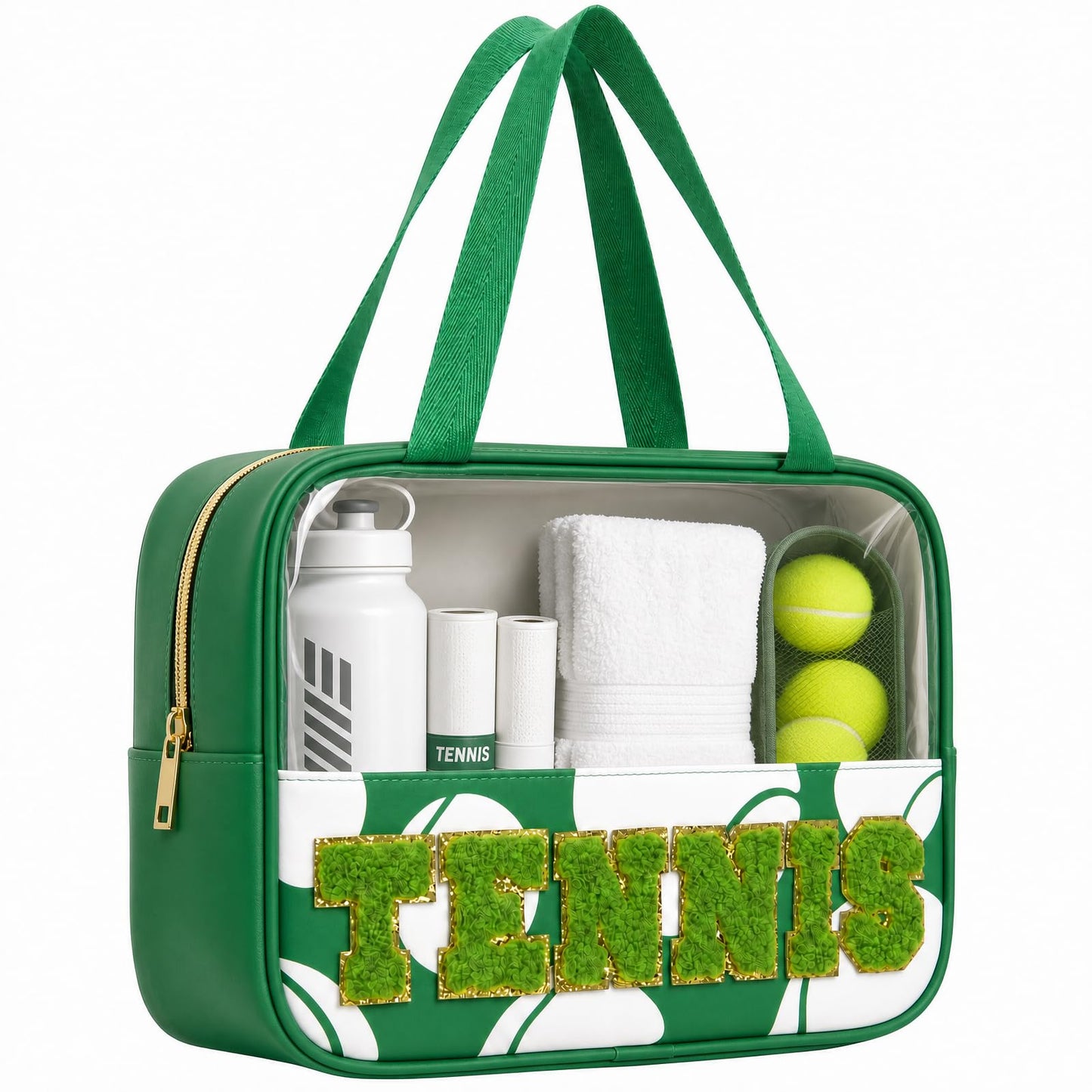 PPeen Tennis Makeup Bag for Women, Clear Chenille Letter Cosmetic Pouch with Zipper, Portable Travel Toiletry Bag, Tennis Gift for Girls