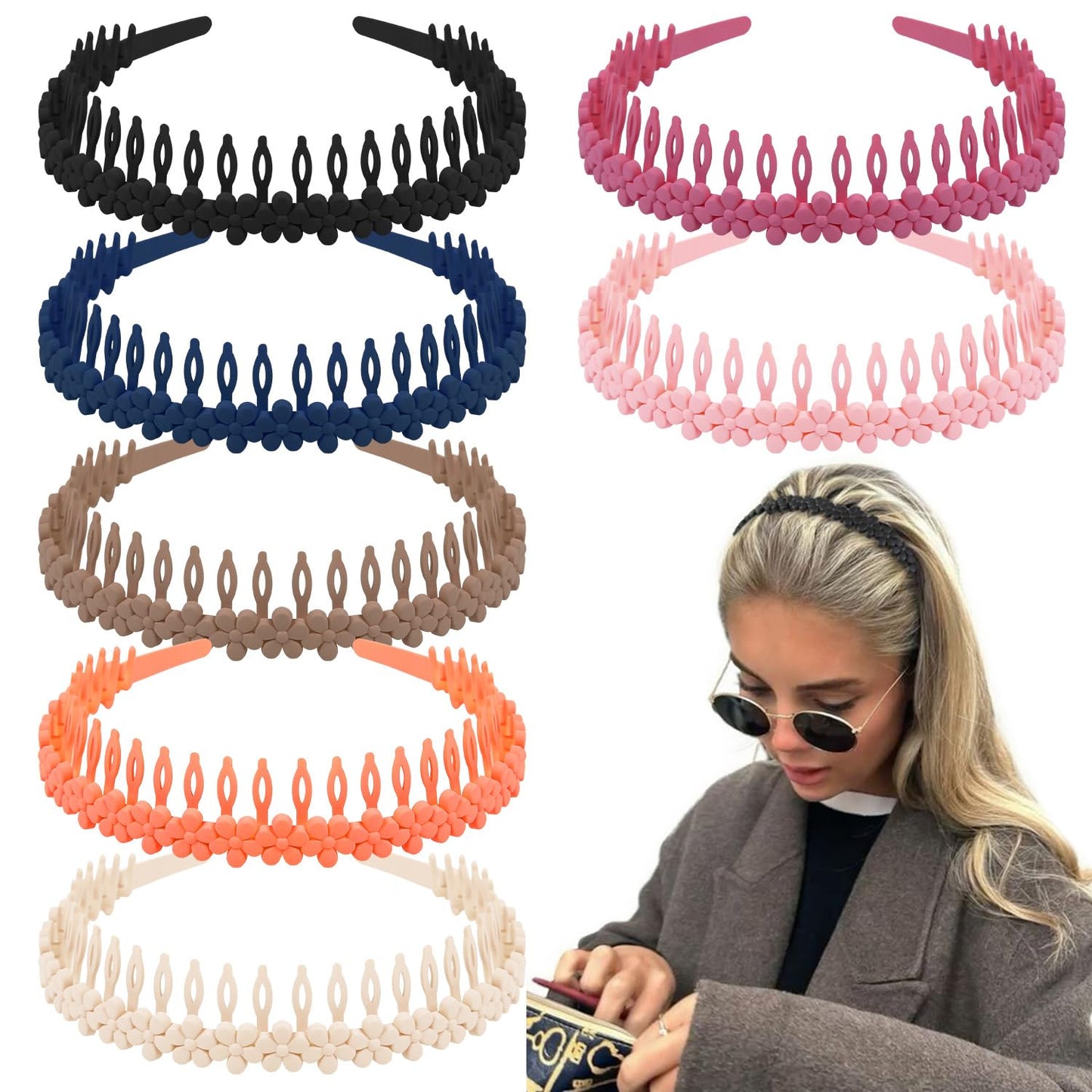WOVOWOVO Flower Zig Zag Headbands for Women, Plastic Floral Hairbands with Teeth Non Slip Hair Comb Head Bands Zigzag Headband Hair Accessories, 7 Packs