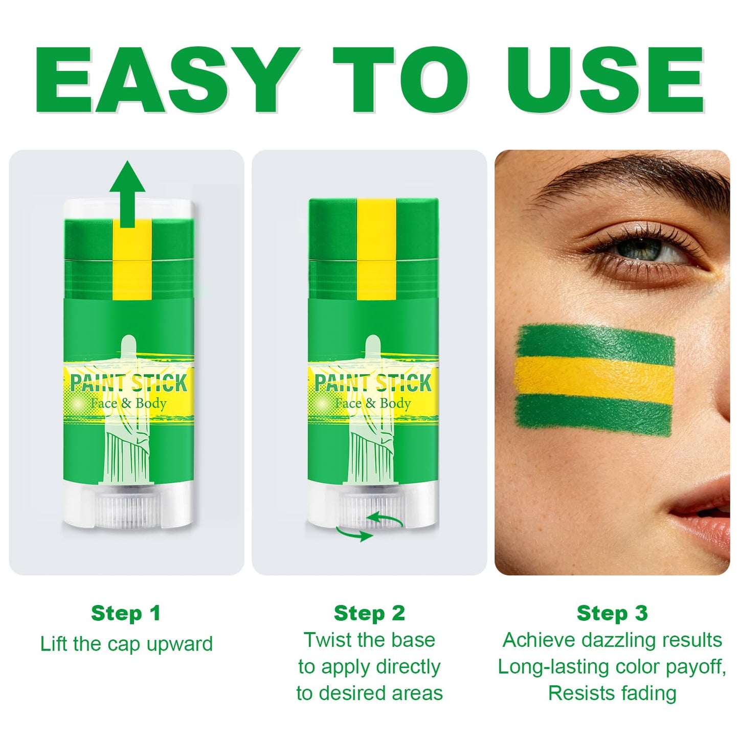 Brazil Face Paint Stick - Sweatproof High Pigment Sports Body Paint for Football, Rugby, Softball | Green & Yellow
