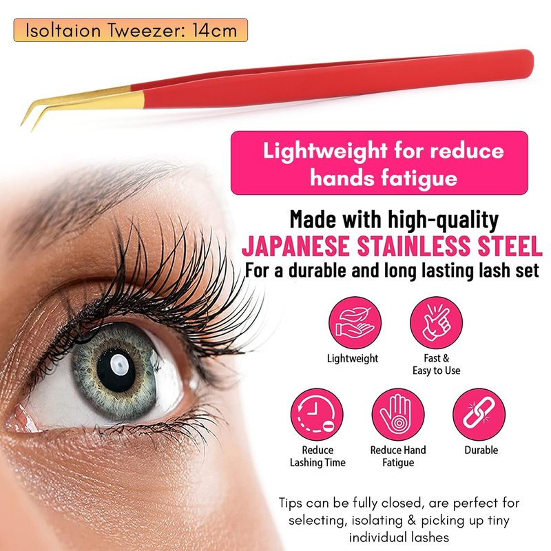Isolation Tweezers for Eyelash Extension – 14cm Curved, Matte Red with Gold Tip, Stainless Steel, Best for Individual Isolation & Classic Lashes, Pinzas para Pestaña (Matte Red Gold Tip)