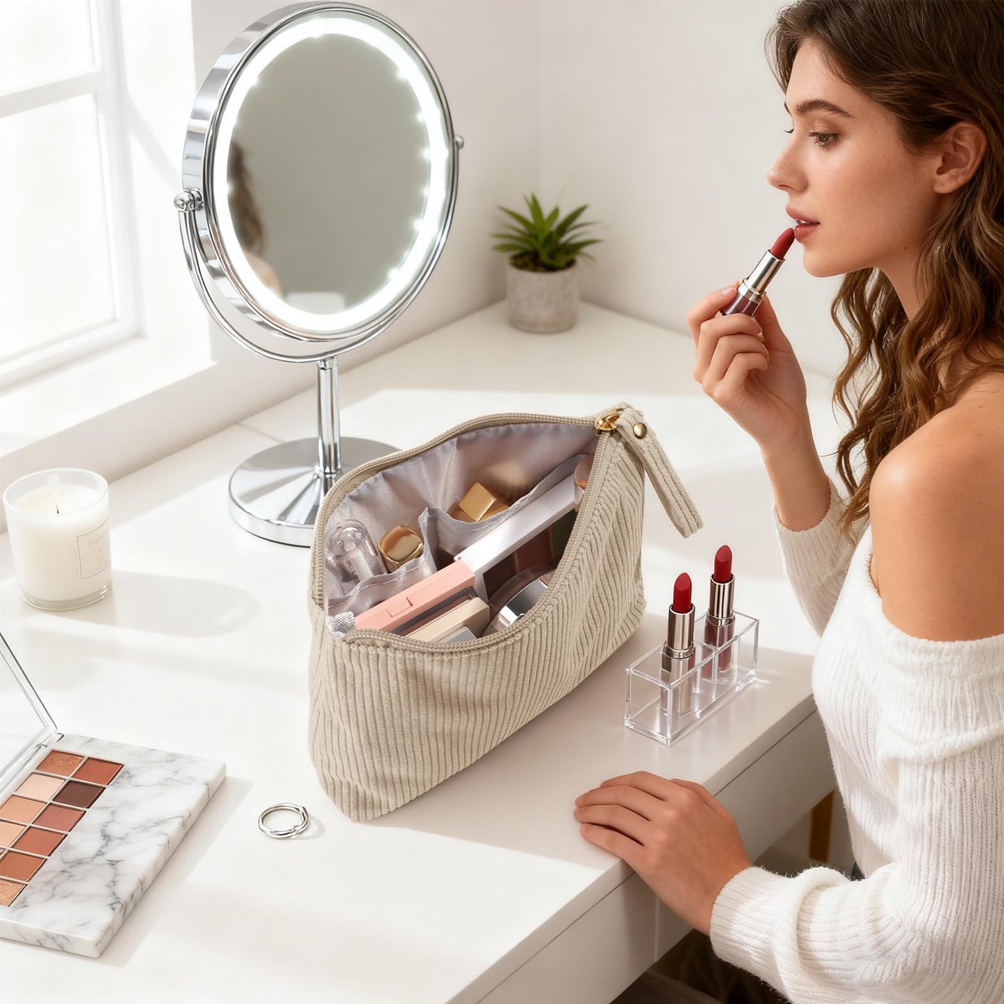 MAGEFY Small Makeup Bag, Corduroy Small Pouches for Purse Cosmetic Bag Makeup Pouches for Key Pocket Lipstick Bag Card Holder Data Cable Organizer(Beige,Small)