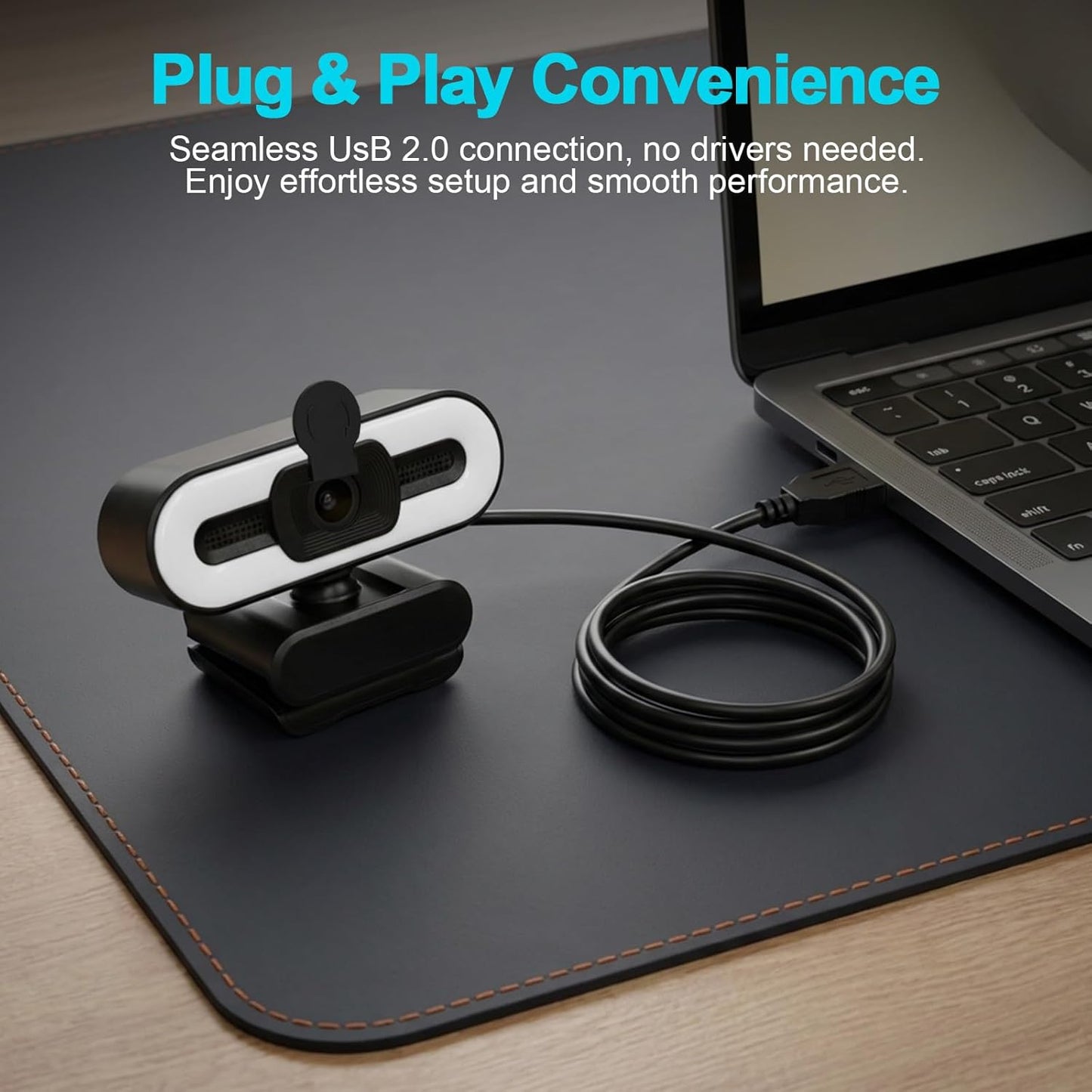 1080P Webcam with Microphone - Adjustable Ring Light & 110° Wide Angle View | USB Plug and Play for Desktop & Laptop