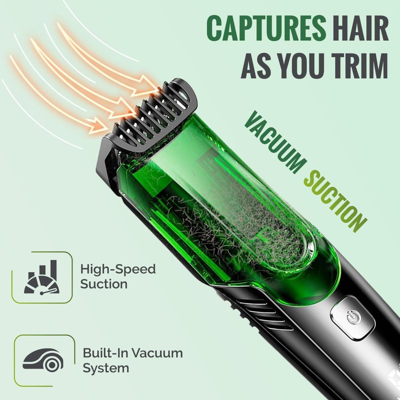 Vacuum Beard Trimmer for Men, Beard and Mustache Trimmer for Men with Adjustable Length Comb (1–20mm), IPX6 Waterproof Built-in Electric Trimmer for Beard, Mustache, and Stubble.