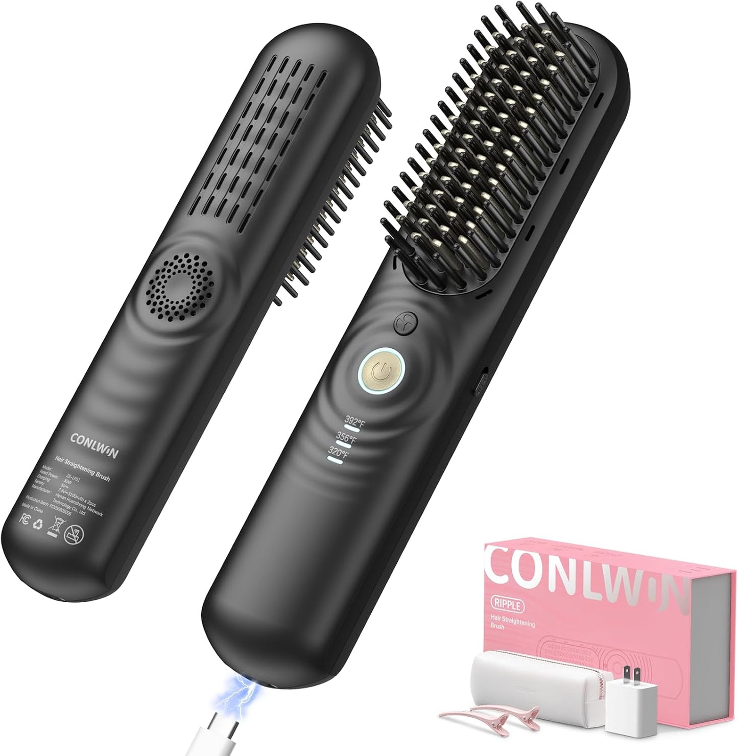 Cordless Hair Straightener Brush - Portable Mini Travel Straightener for Thick Curly Hair | 350M Negative Ions, Fast Heating