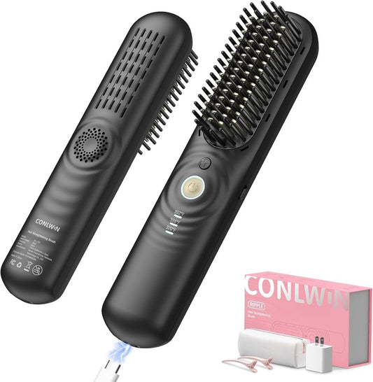 Cordless Hair Straightener Brush - Portable Mini Travel Straightener for Thick Curly Hair | 350M Negative Ions, Fast Heating