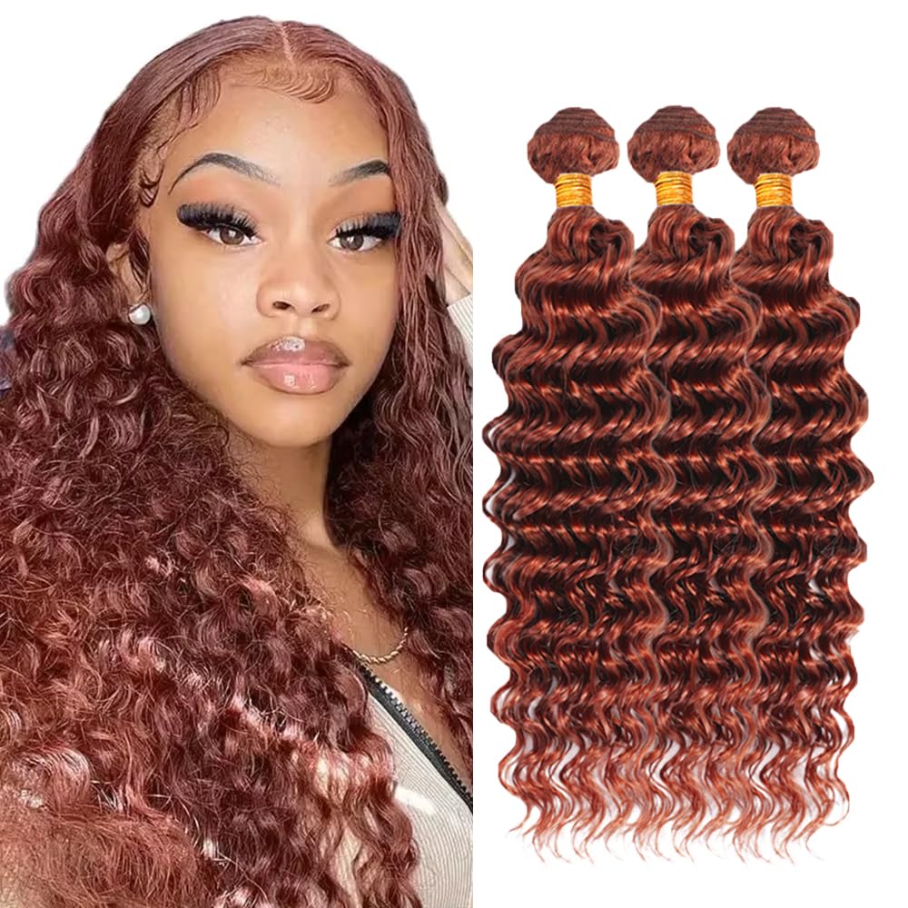 #33 Brown Bundles Human Hair Deep Wave Bundles 26 28 30 Inch Light Brown Unprocessed Brazilian Virgin Hair 3 Bundles Deals Quick Weave Hair Extensions 50 Gram Per Bundle