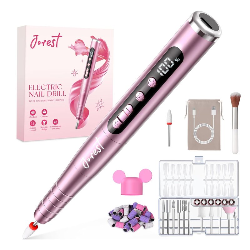 JOREST 13-in-1 Cordless Electric Nail Drill Kit - 35,000 RPM Rechargeable Manicure Tool | LED Display, Rose Pink