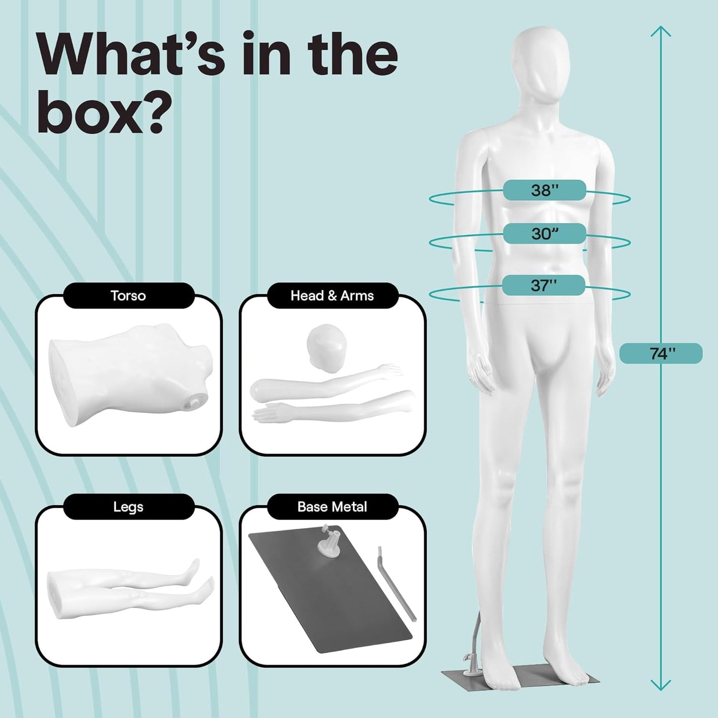 SereneLife Male Mannequin - Full Body Dress Form with Adjustable Stand | 74" Height, Detachable Head & Hands