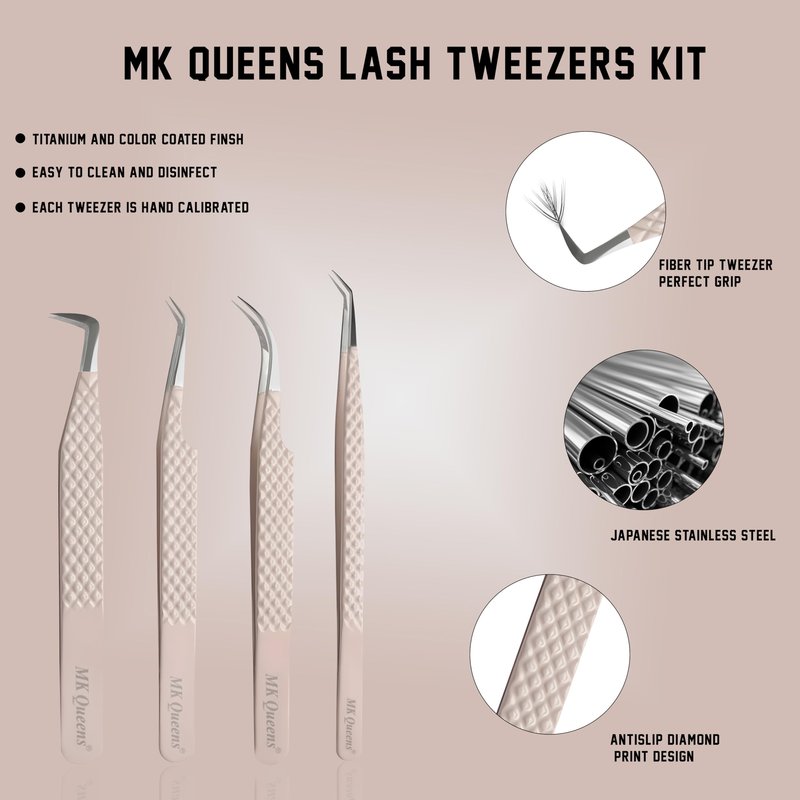 MK Queens Lash Tweezers - Stainless Steel Fiber Tip Eyelash Tweezers (Set of 4) - Diamond Grip Professional Lash Tweezers for Eyelash Extensions (Beige)