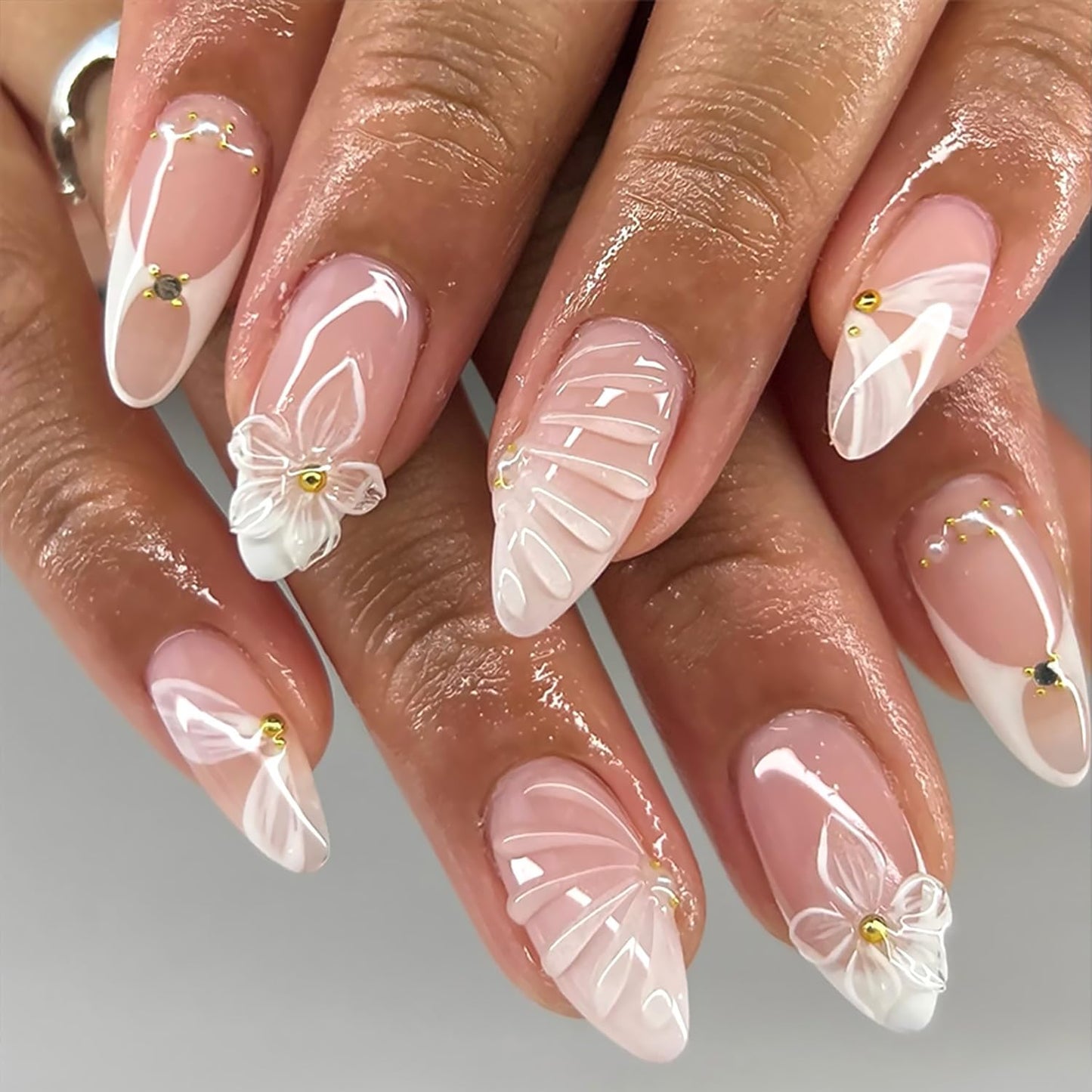 French Tip Press-On Nails - 24 Pcs Medium Almond with 3D Flower & Gold Rhinestones | Full Cover Nude Artificial Nails
