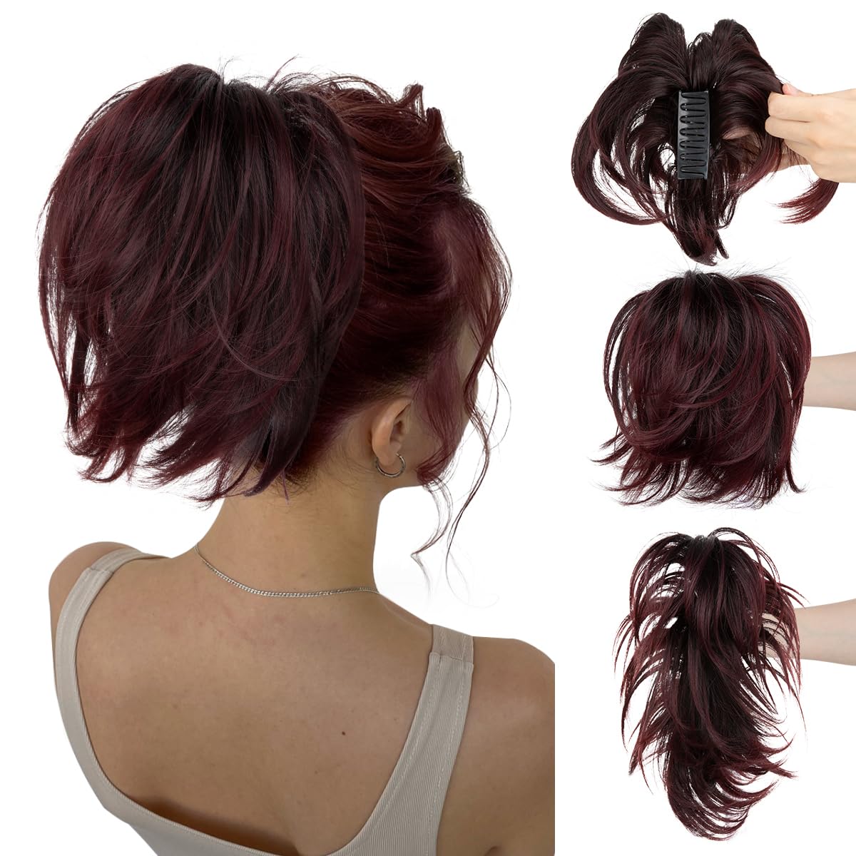 CJL Hair Claw Clip Short Ponytail Extensions - Bendable Metal Messy Bun Piece | Wavy Curly Synthetic Hair, Ash Grey