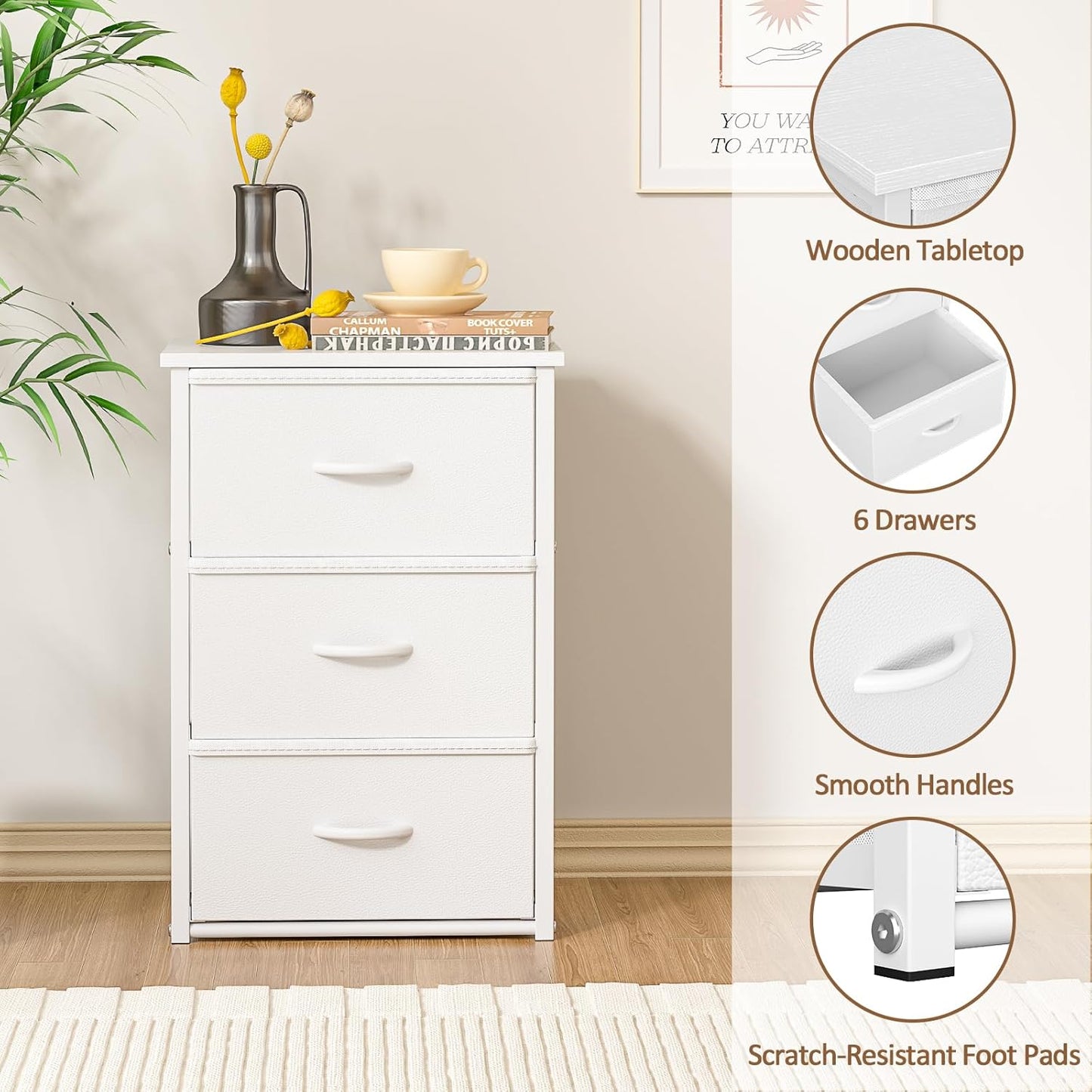 DAOUTIME Stackable Storage Drawers - 2-Pack White Closet Organizer with Wooden Top & Metal Frame | Versatile Dresser for Bedroom & Living Room