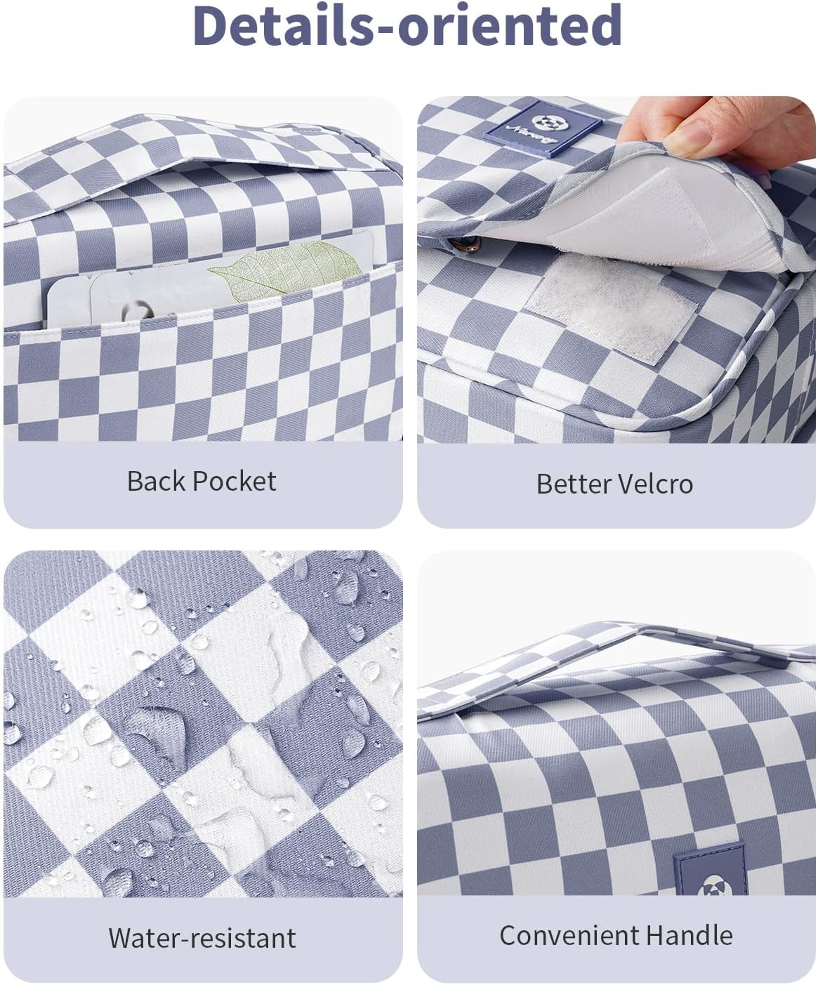 Narwey Small Hanging Travel Toiletry Bag - Checkered Makeup Organizer for Women | Grayish Blue Checkerboard