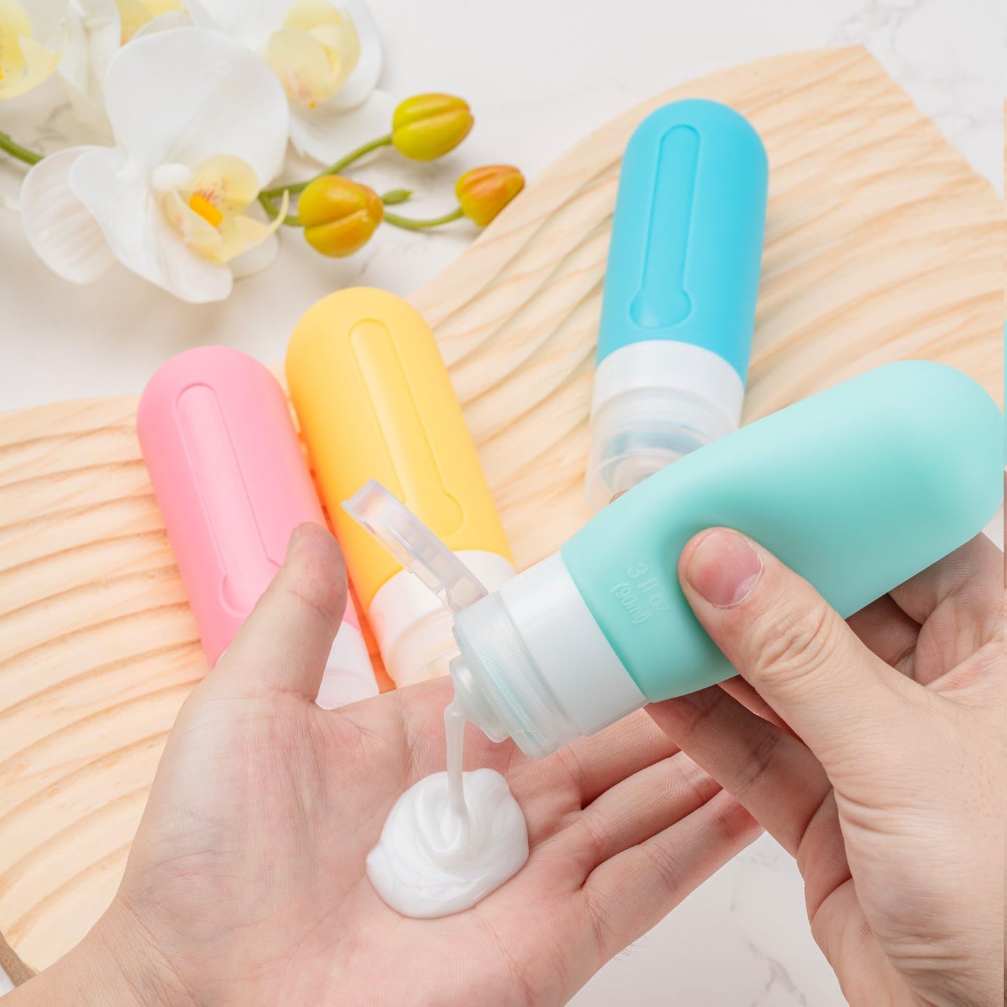 16pack Travel Bottles for Toiletries, TSA Approved LeakProof Squeezable Silicone Toiletry Containers for Shampoo, Conditioner, 3oz Portable Refillable Traveling Size Liquid Containers (16Pcs/Apricot)