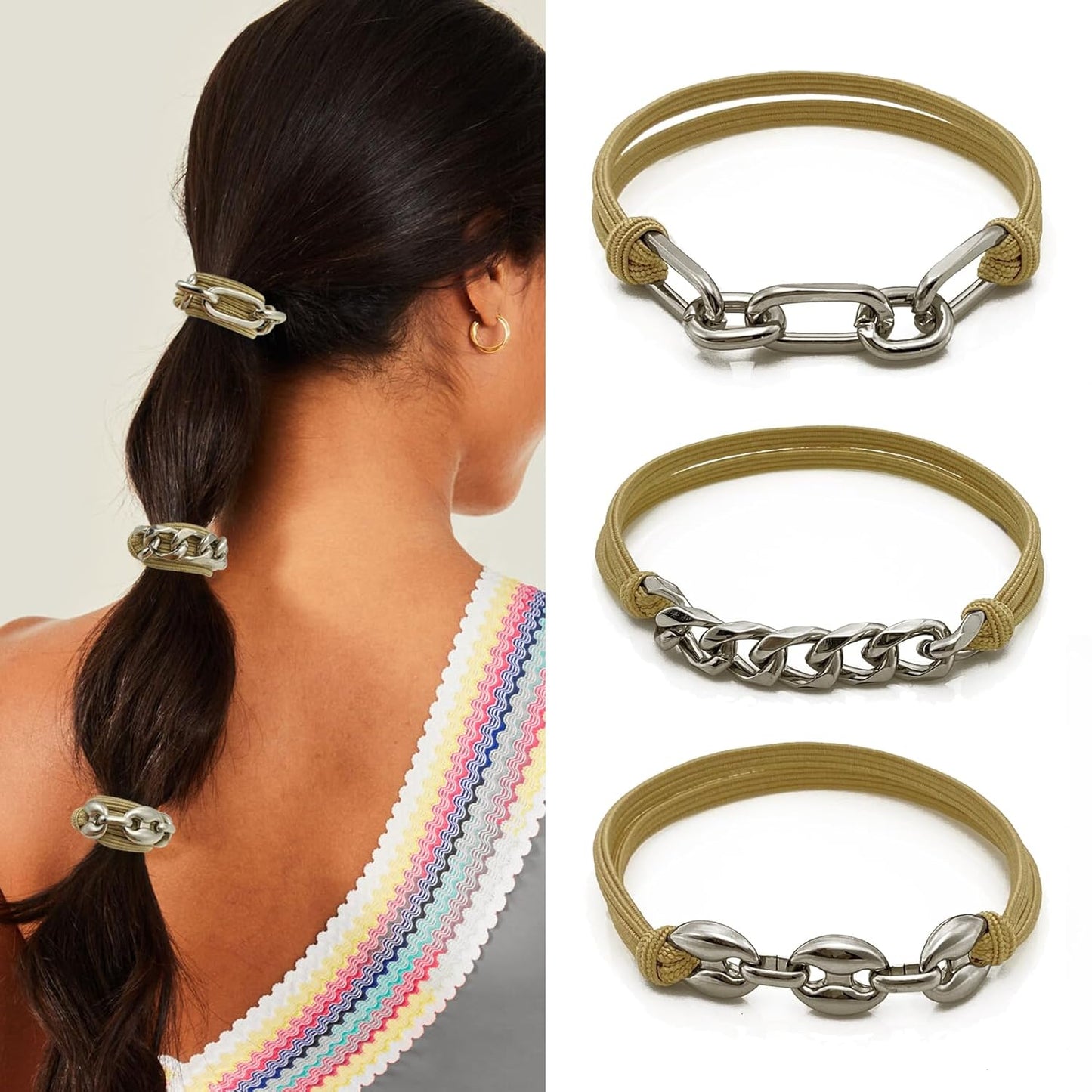 Blonde Boho Hair Ties Bracelet - Trendy Elastic Ponytail Holders with Gold Bead | Ideal for Thick, Thin, Curly Hair (Beige)