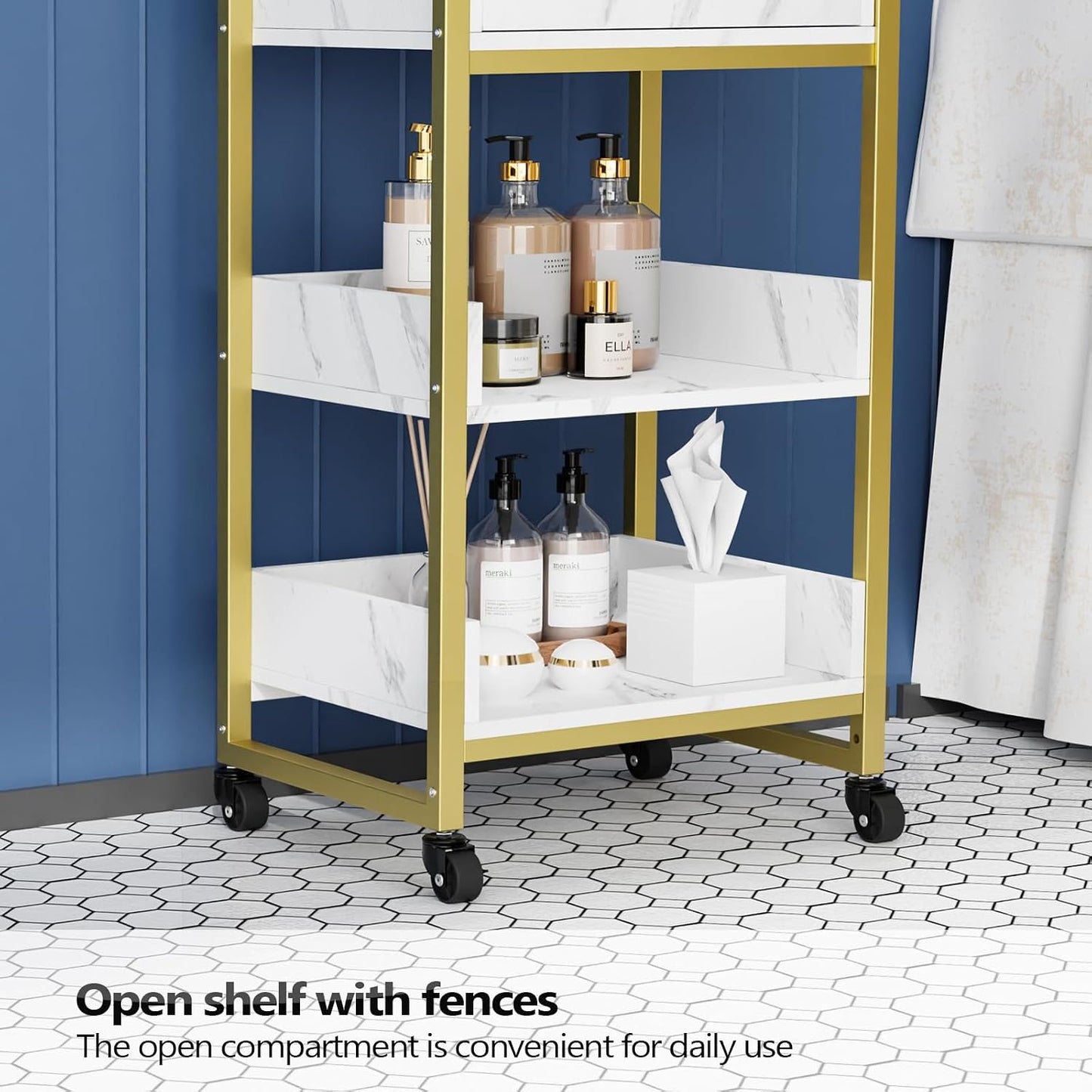 Salon Trolley Cart with Wheels - Mobile Storage Organizer for Beauty Spa | White Marble, 1 Drawer & 2 Trays