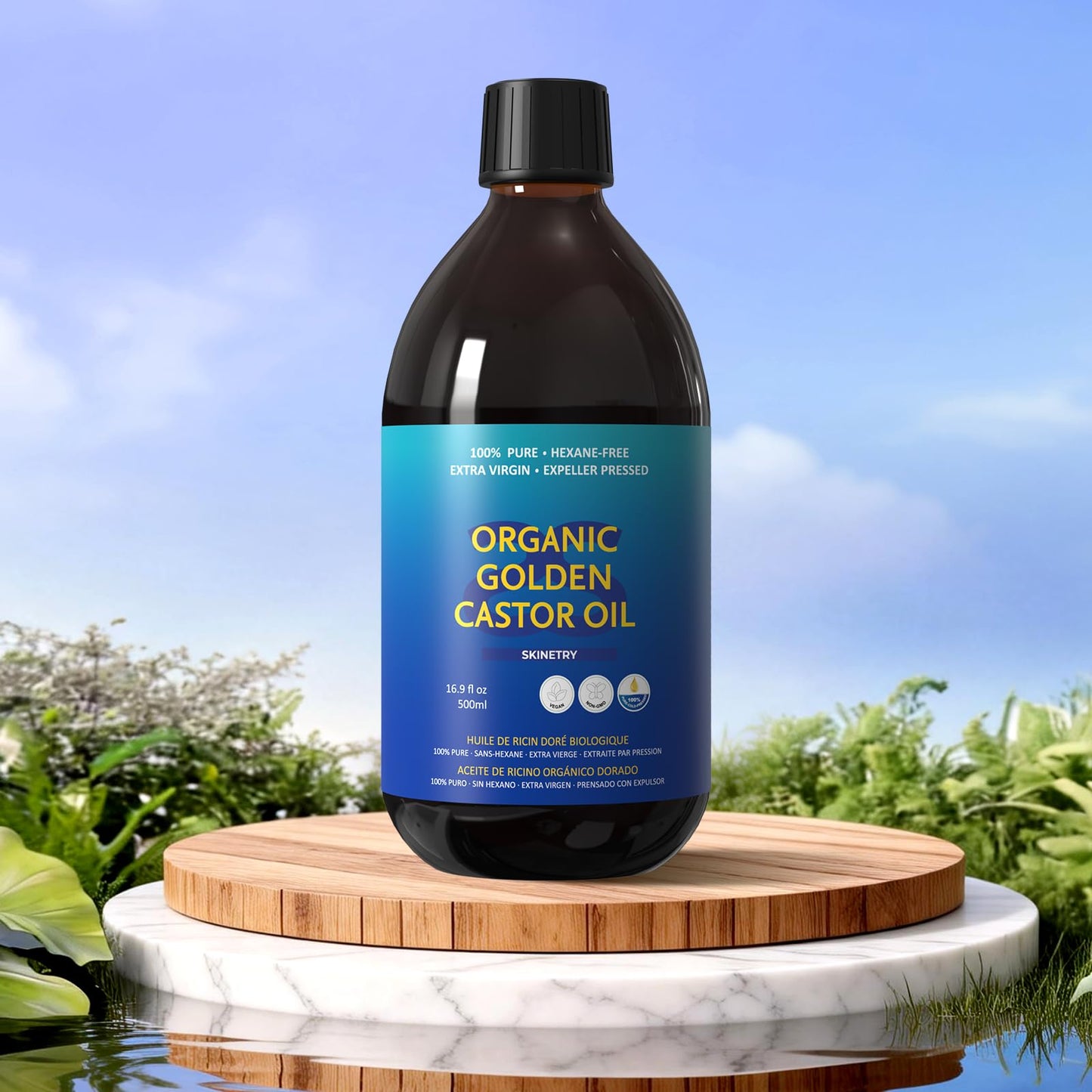Skinetry Organic Golden Castor Oil - [16.9oz (500ml)]-100% Pure for Hair, Skin, Nails, Brows & Lashes Deep Hydration & Smoothing Promotes Hair & Brow Growth Makeup Clean- Hexane-Free - USDA Certified