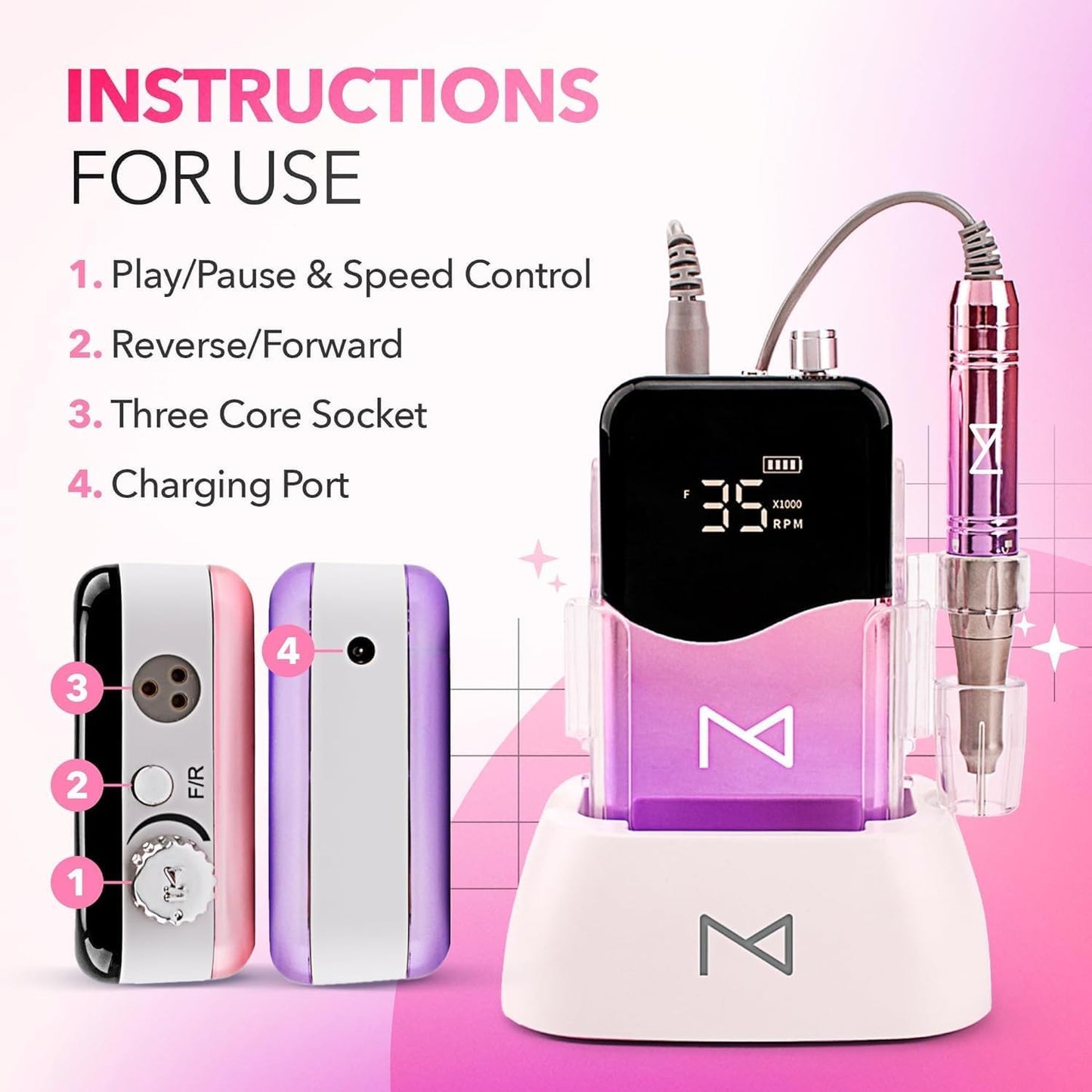 Professional Nail Drill Machine - Cordless 2-in-1 Electric Nail File - 35000 RPM, HD Display | Rose Gold