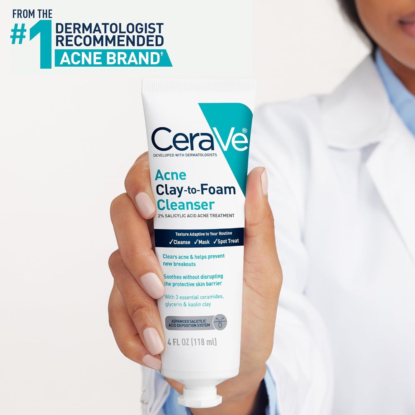CeraVe Acne Face Wash - Salicylic Acid & Kaolin Clay Treatment | Clears Pimples & Blackheads, 4oz