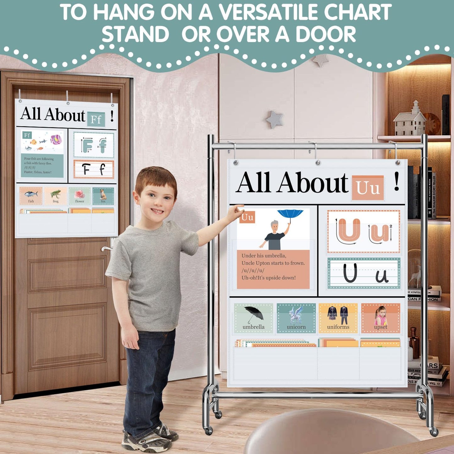 BOHEMIABY All About Letters Pocket Chart with 99 ABC Flash Cards, Letter of The Day/Week Daypocket Chart, Letter Tracing Learning Educational Wall Chart Preschool Classroom Homes, 34" X 27"White
