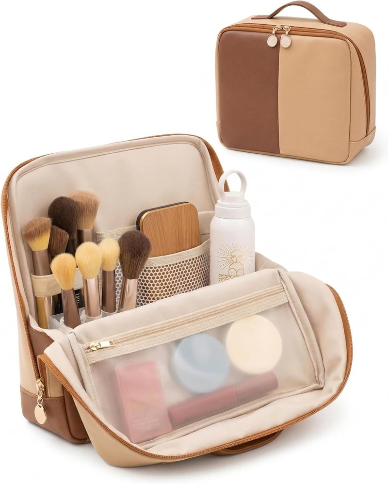 Large Makeup Bag - Sturdy PU Leather Cosmetic Organizer with Fold-Down Phone Tray | Waterproof Travel Toiletry Case, 9.5 Inch, Brown