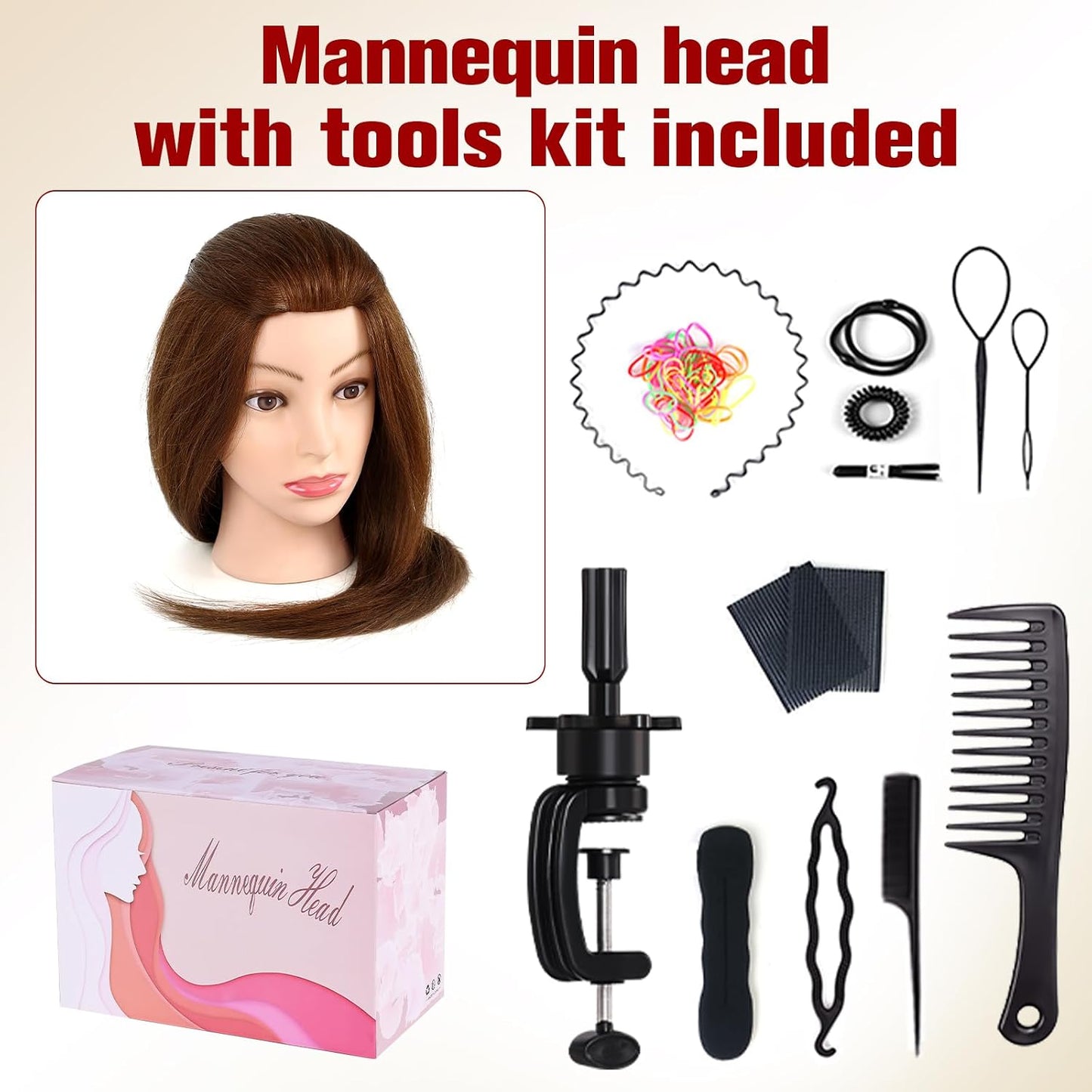 Realistic Human Hair Mannequin Head - 22” Dark Brown Cosmetology Training Doll with Clamp & Styling Tools