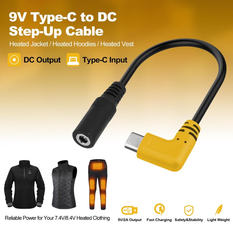 Smarkey 9V Heated Jacket Battery Step-Up Adapter Charger Cable for 7.4V 8.4V Heated Jackets, Heated Hoodies and Heated Vests, Compatible with Ororo, Venustas (Not for 12V Heated Gear)
