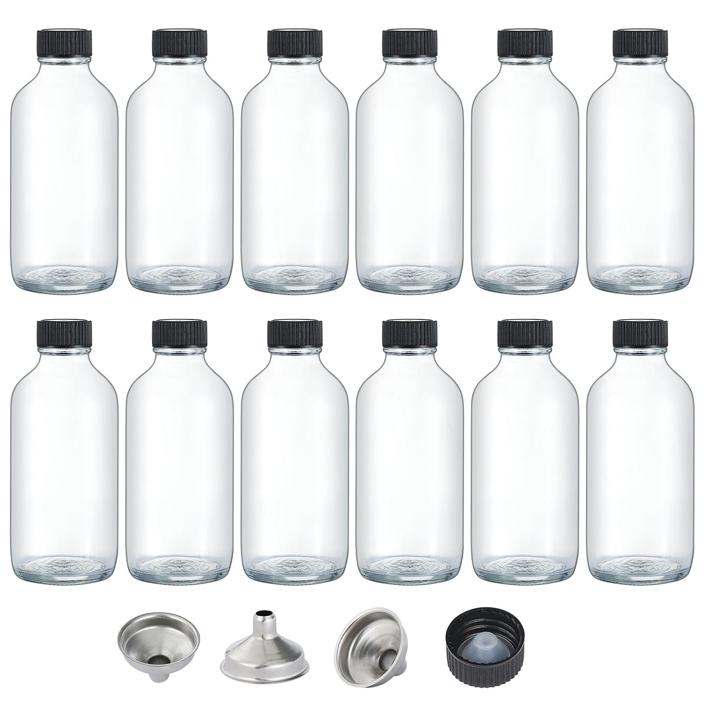 4 OZ Glass Bottles with Lids, 12Pcs Small Glass Containers with Lids and 3 Stainless Steel Funnels Clear Reusable Decorative Bottles for Juice Wellness Ginger Shots Whiskey Homemade Vanilla (4OZ)