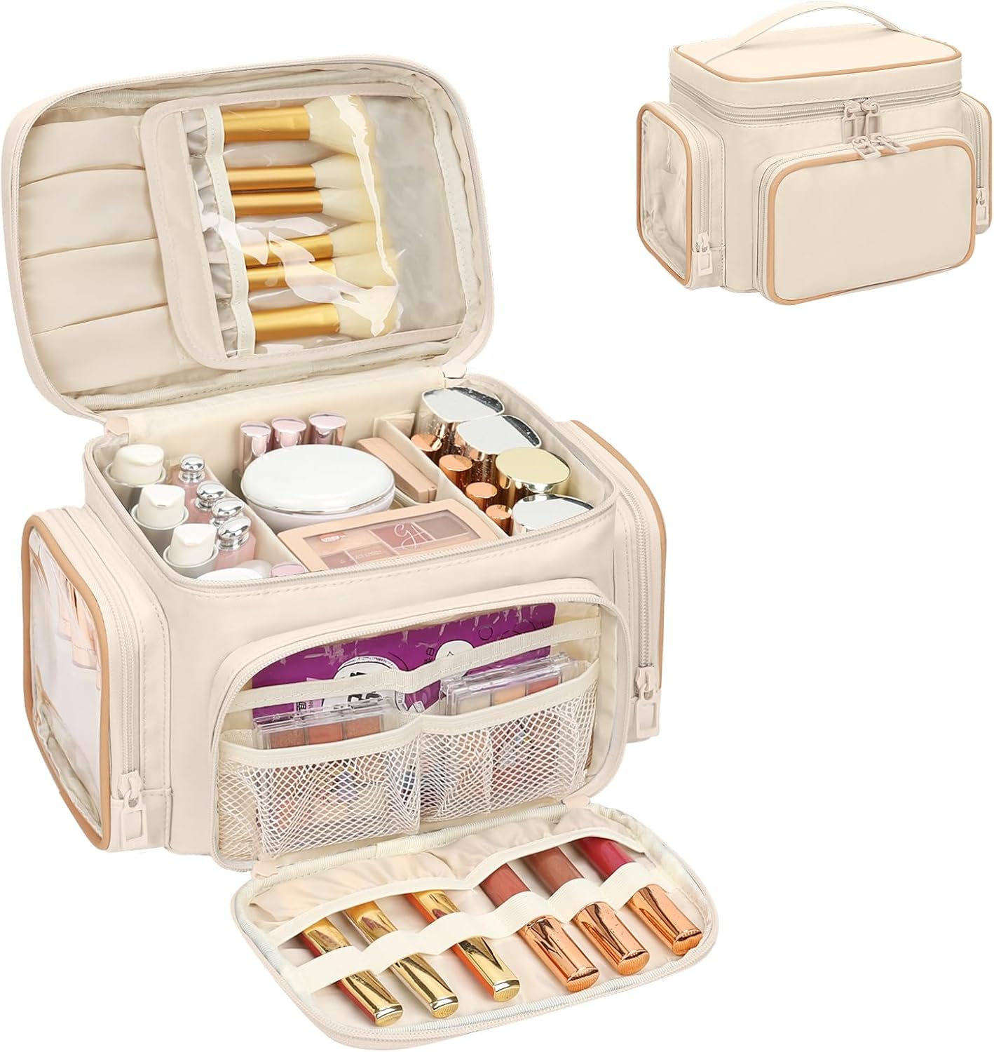 Large Makeup Bag Organizer for Women - Portable Travel Cosmetic Bag with Brush Compartment & Side Pockets | Black