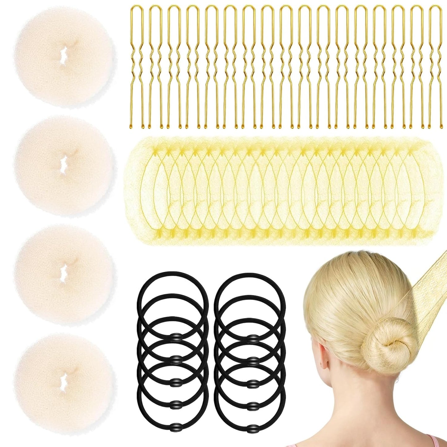 134 Pcs Black Hair Bun Maker Kit - 4 Donuts, 20 Nets, 100 Bobby Pins | Kids & Women Hair Accessories